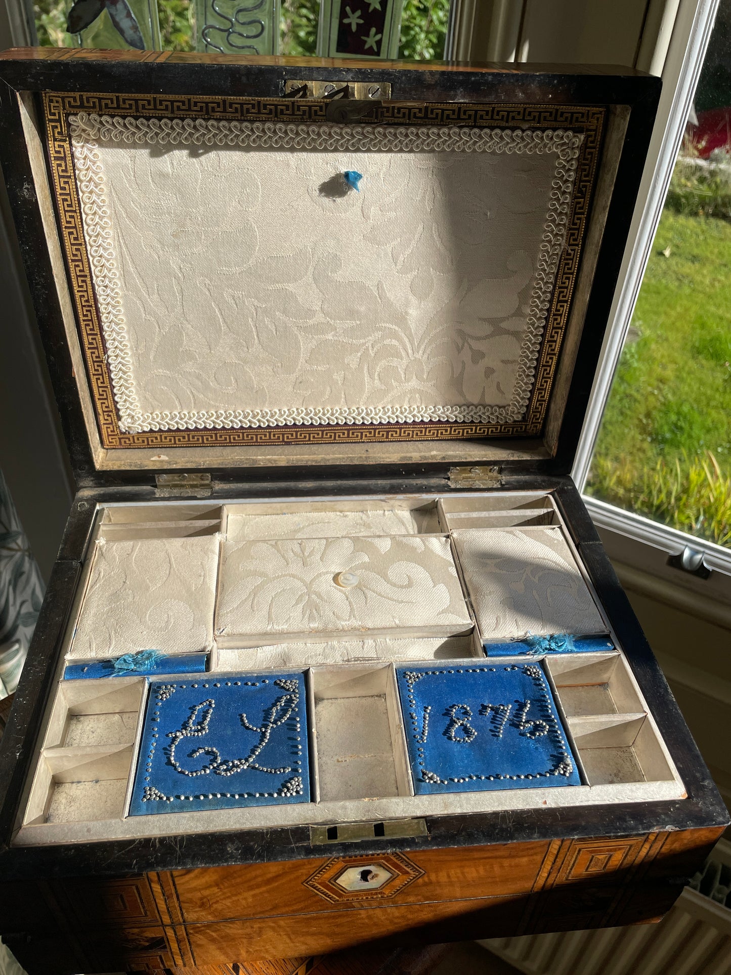 Victorian Walnut and Parquetry Inlaid Sewing & Writing Box, Dated 1876 – Antique Walnut Work Box with Mother of Pearl Cartouche
