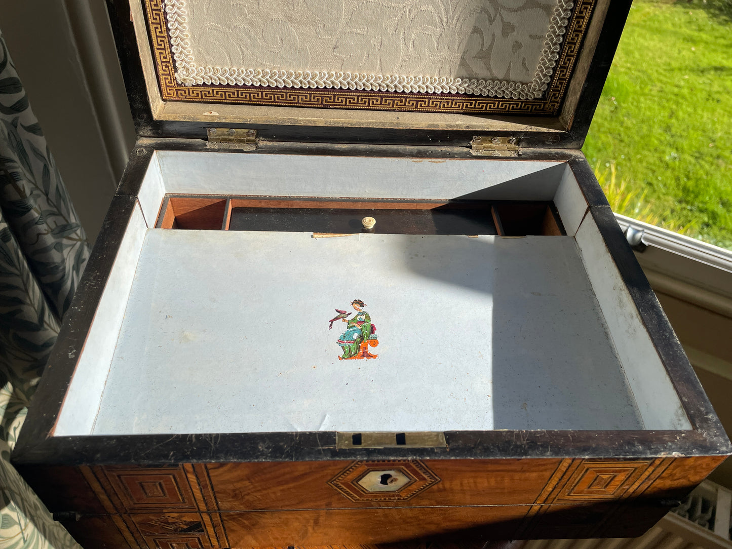 Victorian Walnut and Parquetry Inlaid Sewing & Writing Box, Dated 1876 – Antique Walnut Work Box with Mother of Pearl Cartouche