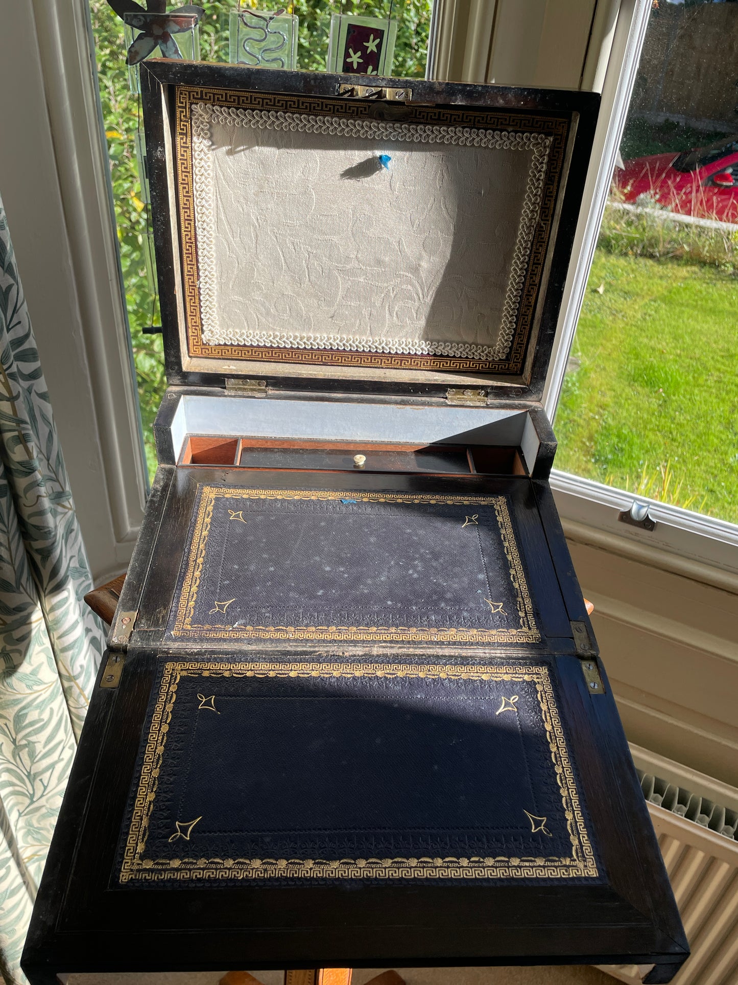 Victorian Walnut and Parquetry Inlaid Sewing & Writing Box, Dated 1876 – Antique Walnut Work Box with Mother of Pearl Cartouche