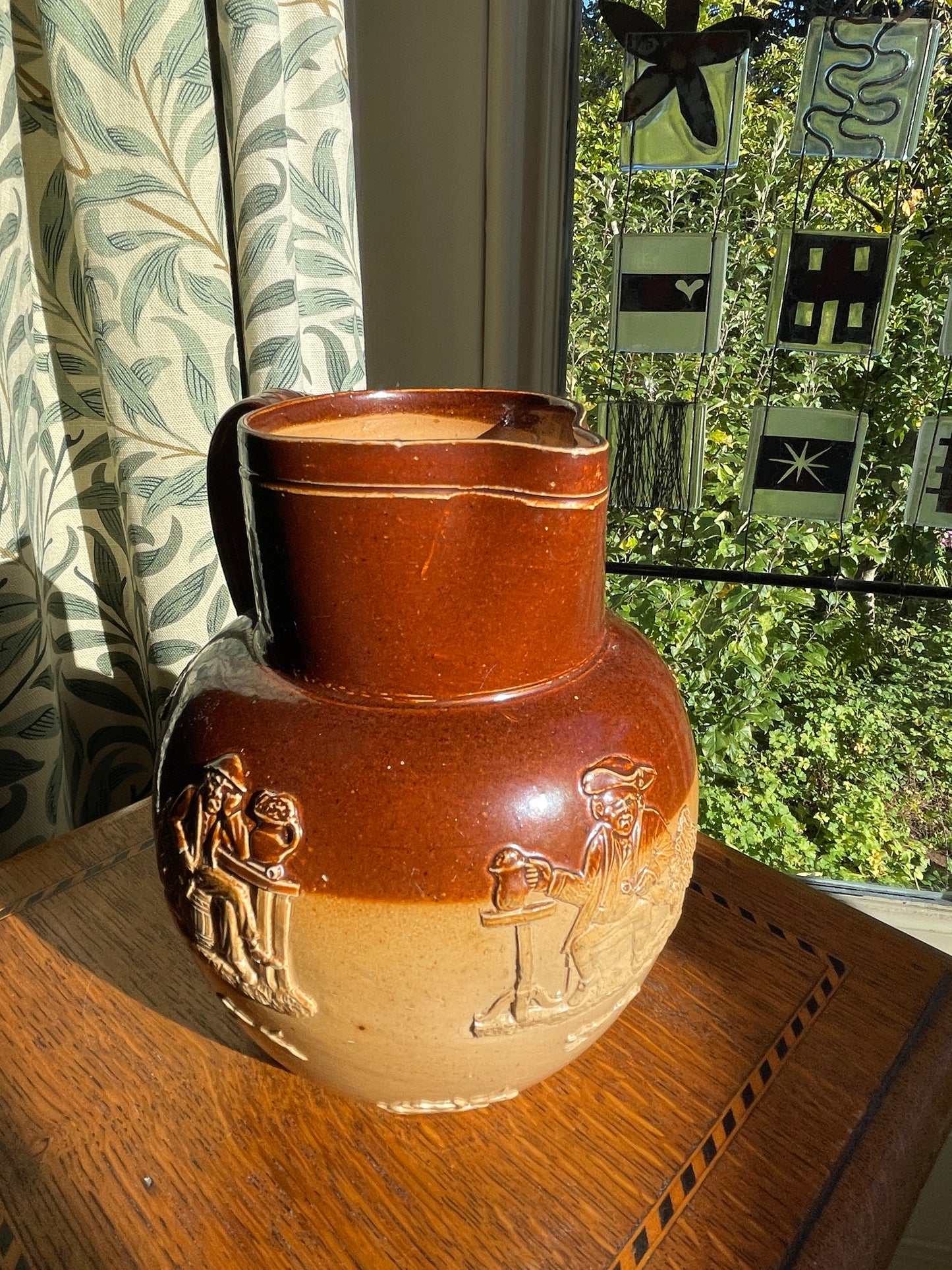 Antique Royal Doulton Lambeth Salt Glaze Jug – c.1910 Two Tone Stoneware Tavern Scene, Brown & Tan Relief Pottery Pitcher 17cm
