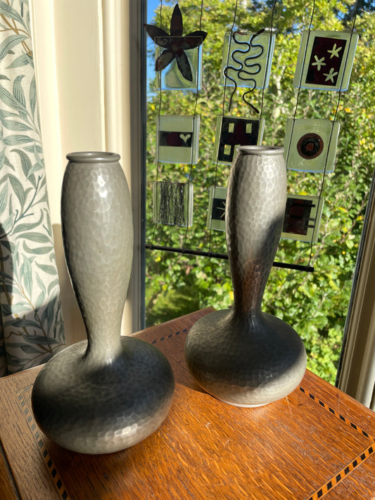 Pair of Unity Pewter Vases – English Make, Hand-Hammered Arts & Crafts Pewter, Shamrock Mark c.1920 (20 cm)