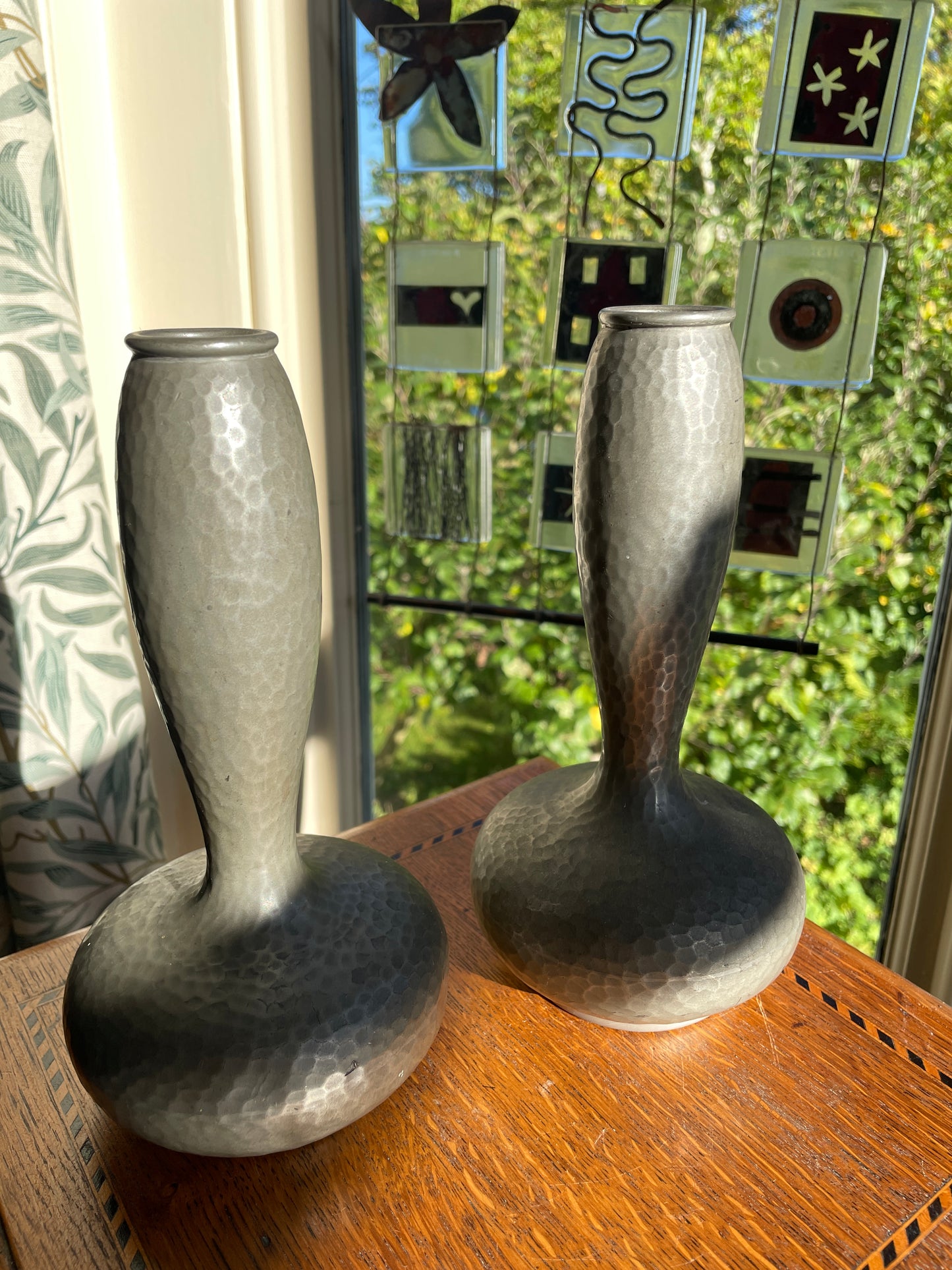 Pair of Unity Pewter Vases – English Make, Hand-Hammered Arts & Crafts Pewter, Shamrock Mark c.1920 (20 cm)