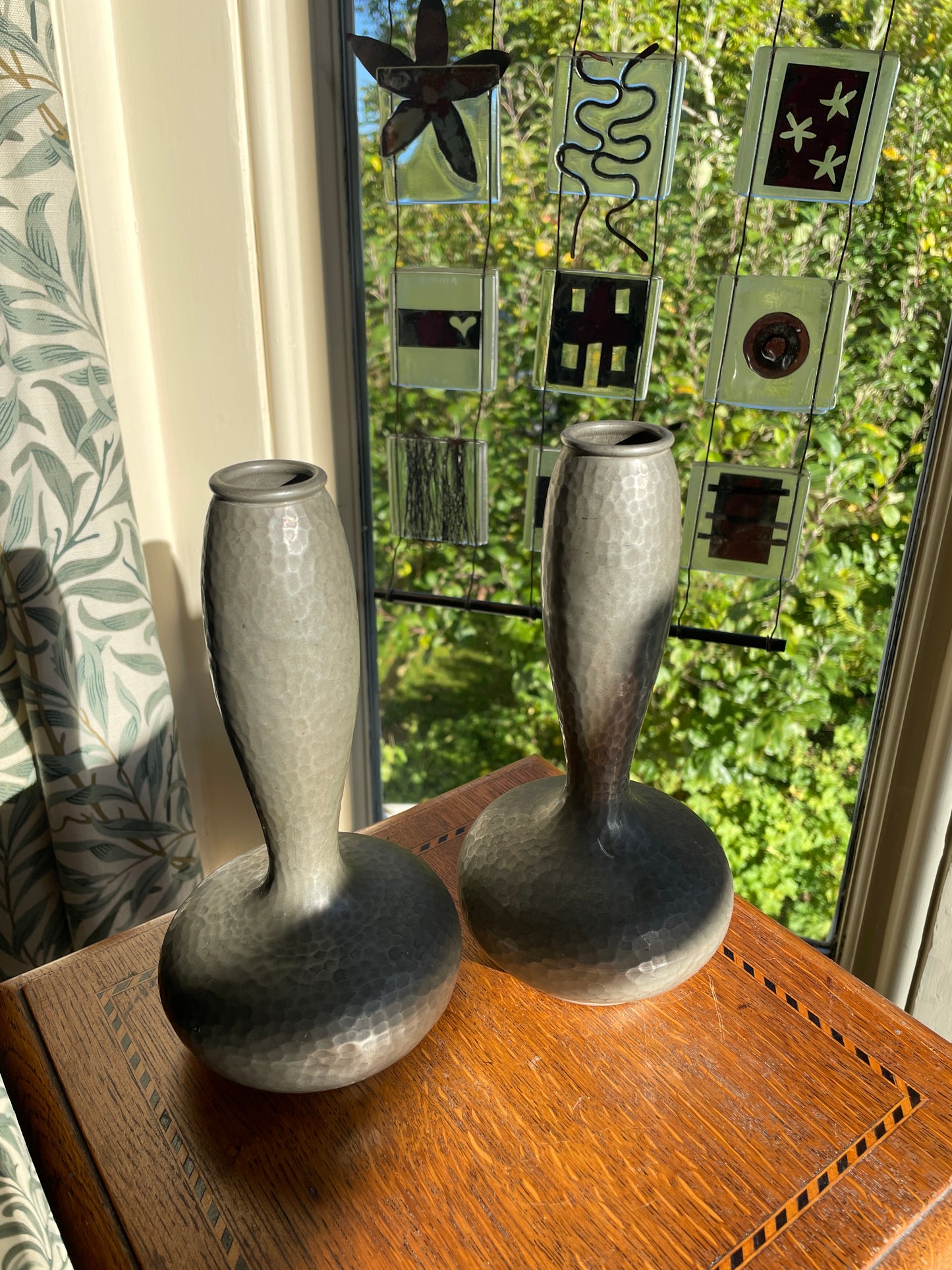 Pair of Unity Pewter Vases – English Make, Hand-Hammered Arts & Crafts Pewter, Shamrock Mark c.1920 (20 cm)
