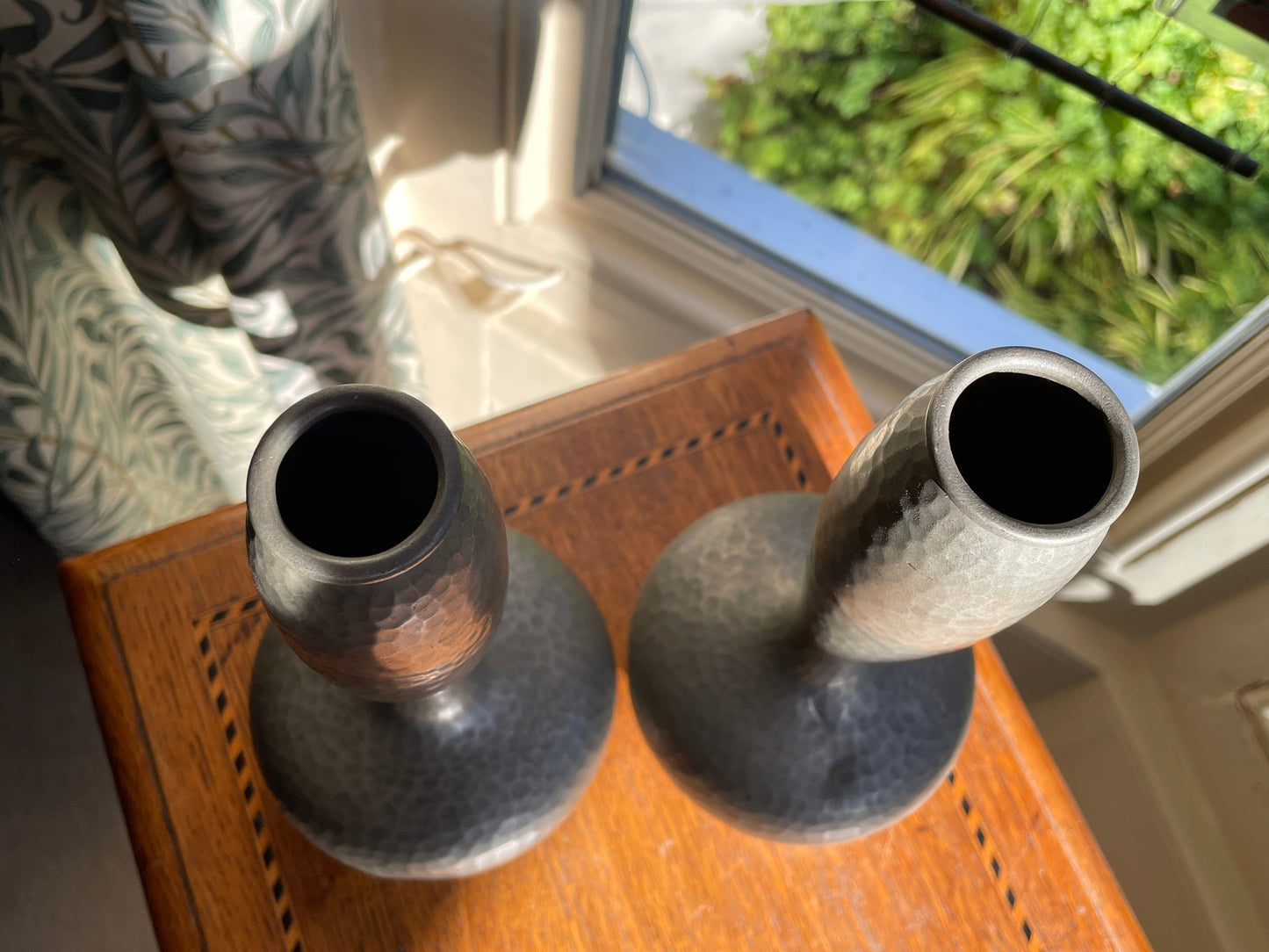 Pair of Unity Pewter Vases – English Make, Hand-Hammered Arts & Crafts Pewter, Shamrock Mark c.1920 (20 cm)