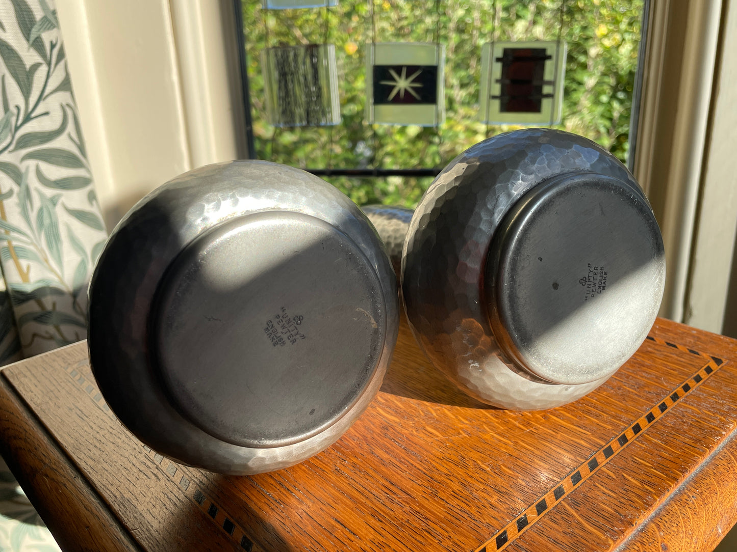 Pair of Unity Pewter Vases – English Make, Hand-Hammered Arts & Crafts Pewter, Shamrock Mark c.1920 (20 cm)