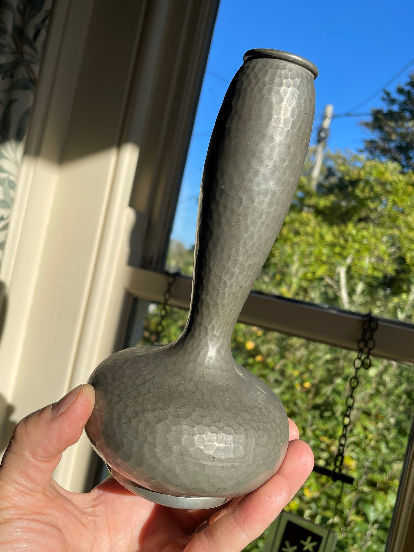 Pair of Unity Pewter Vases – English Make, Hand-Hammered Arts & Crafts Pewter, Shamrock Mark c.1920 (20 cm)