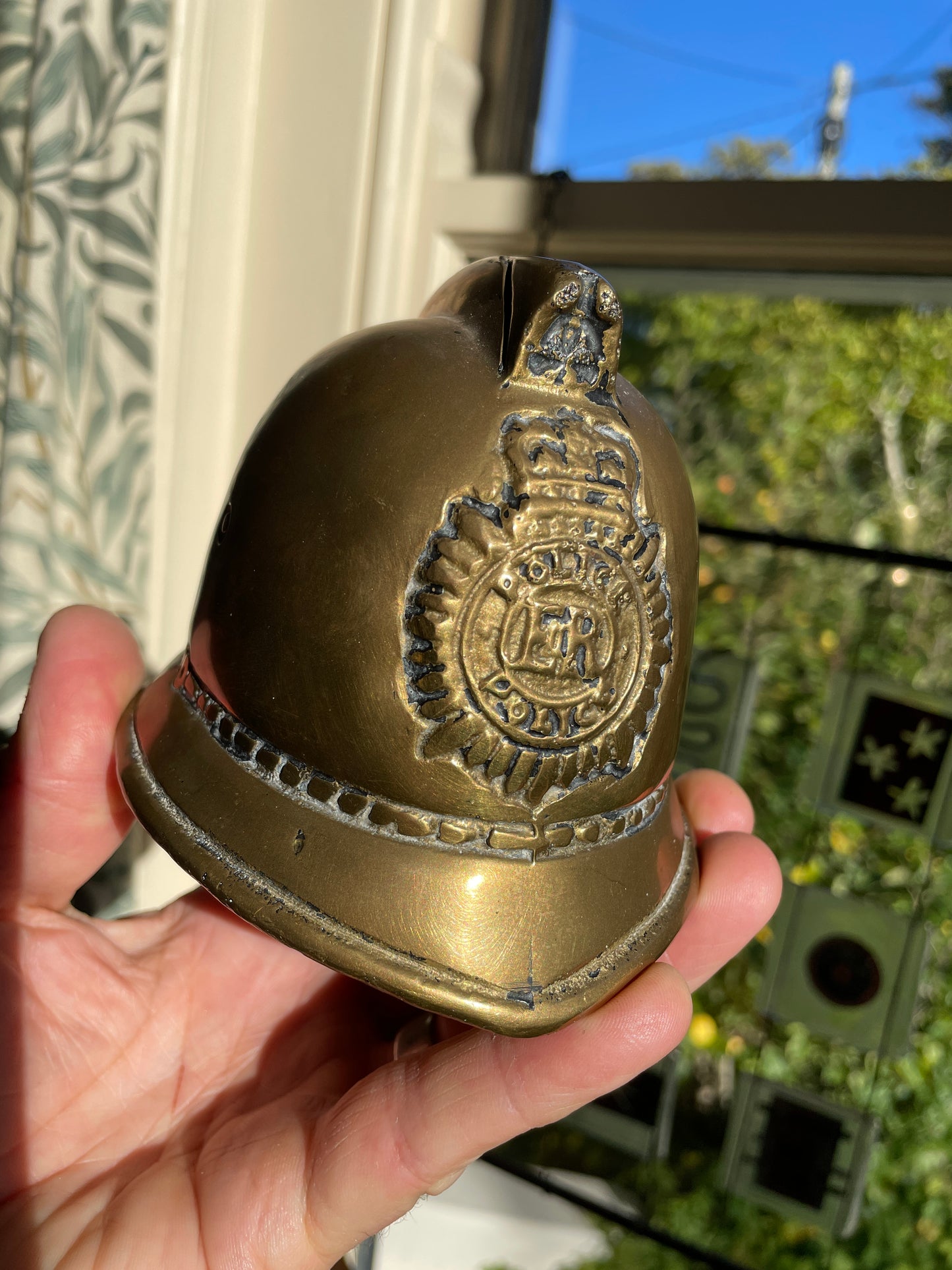Vintage Brass Police Helmet Money Box – E II R Metropolitan Police Bobby Helmet Coin Bank, Made in England c.1960s