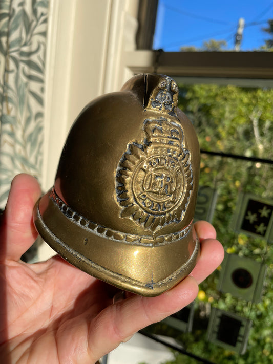 Vintage Brass Police Helmet Money Box – E II R Metropolitan Police Bobby Helmet Coin Bank, Made in England c.1960s