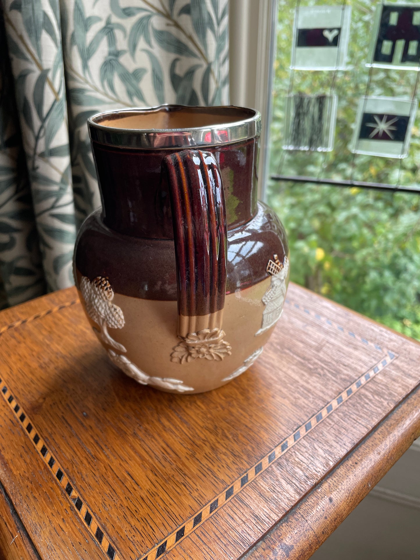 Antique Doulton Lambeth Stoneware Jug with Silver Rim – 1899 Birmingham Hallmark, 15cm Harvest Scene Relief Jug, Reg No. 4883