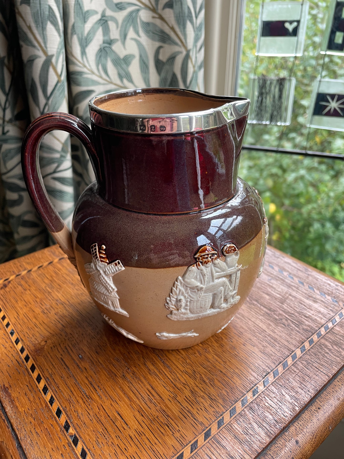 Antique Doulton Lambeth Stoneware Jug with Silver Rim – 1899 Birmingham Hallmark, 15cm Harvest Scene Relief Jug, Reg No. 4883