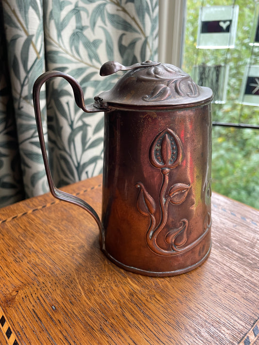 Antique Beldray Arts and Crafts Copper Lidded Jug – Art Nouveau Tulip Design, English Handcrafted Copperware c.1900, 14cm