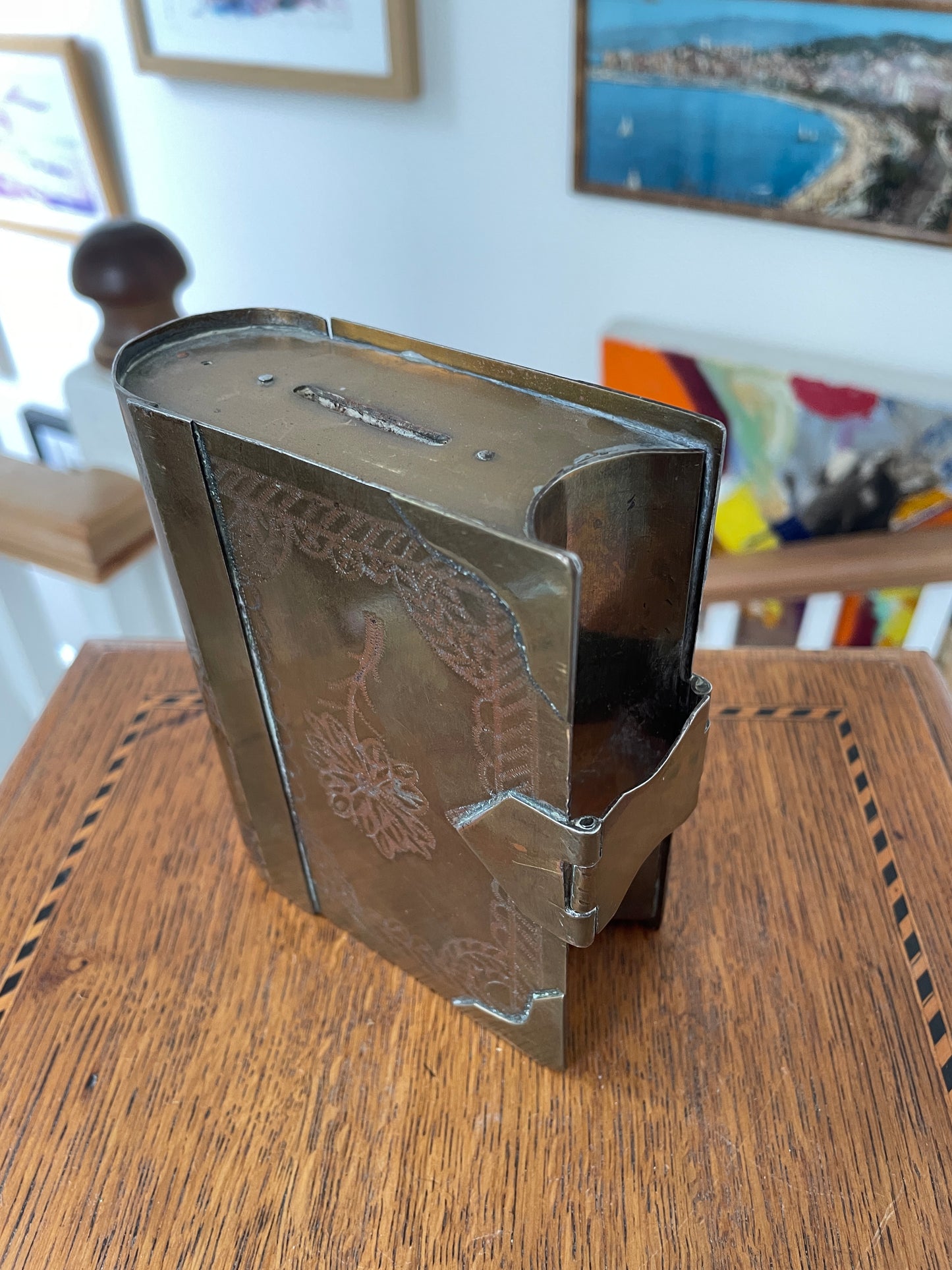 Antique Arts and Crafts Brass Money Box – Early 1900s Handcrafted Book Shaped Coin Bank with Hinged Lid, English Copper & Brass Design