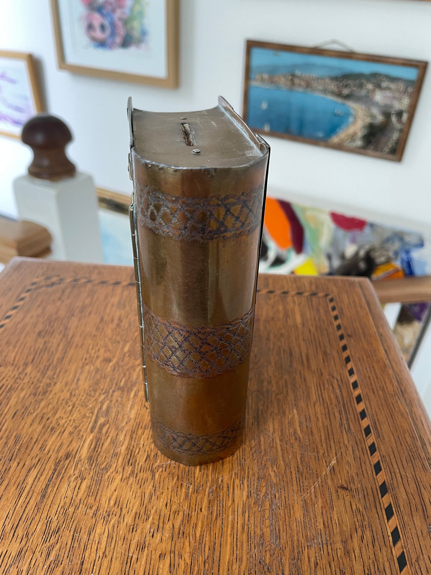 Antique Arts and Crafts Brass Money Box – Early 1900s Handcrafted Book Shaped Coin Bank with Hinged Lid, English Copper & Brass Design