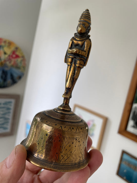 Vintage Indian Brass Ritual Bell – Hand-Engraved Solid Brass Bell with Deity Handle 15 cm Tall Mid-Century Decor or Altar Piece