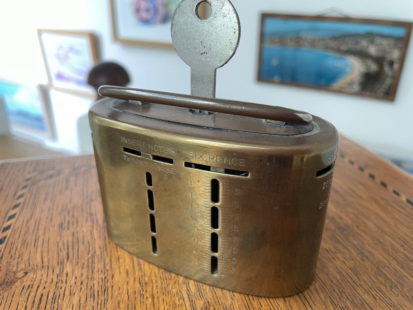 Antique 1921 Brass “Home Safe” Money Box – British Locking Coin Bank with Key, Vintage Pre-Decimal Savings Tin, Patent No. 188,828
