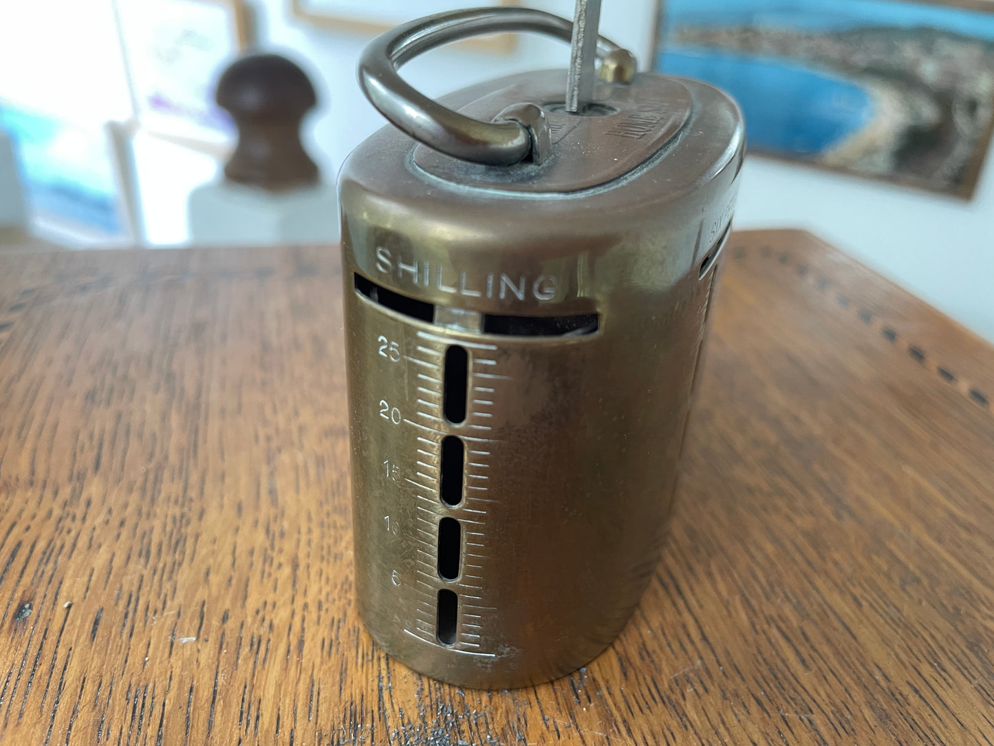 Antique 1921 Brass “Home Safe” Money Box – British Locking Coin Bank with Key, Vintage Pre-Decimal Savings Tin, Patent No. 188,828