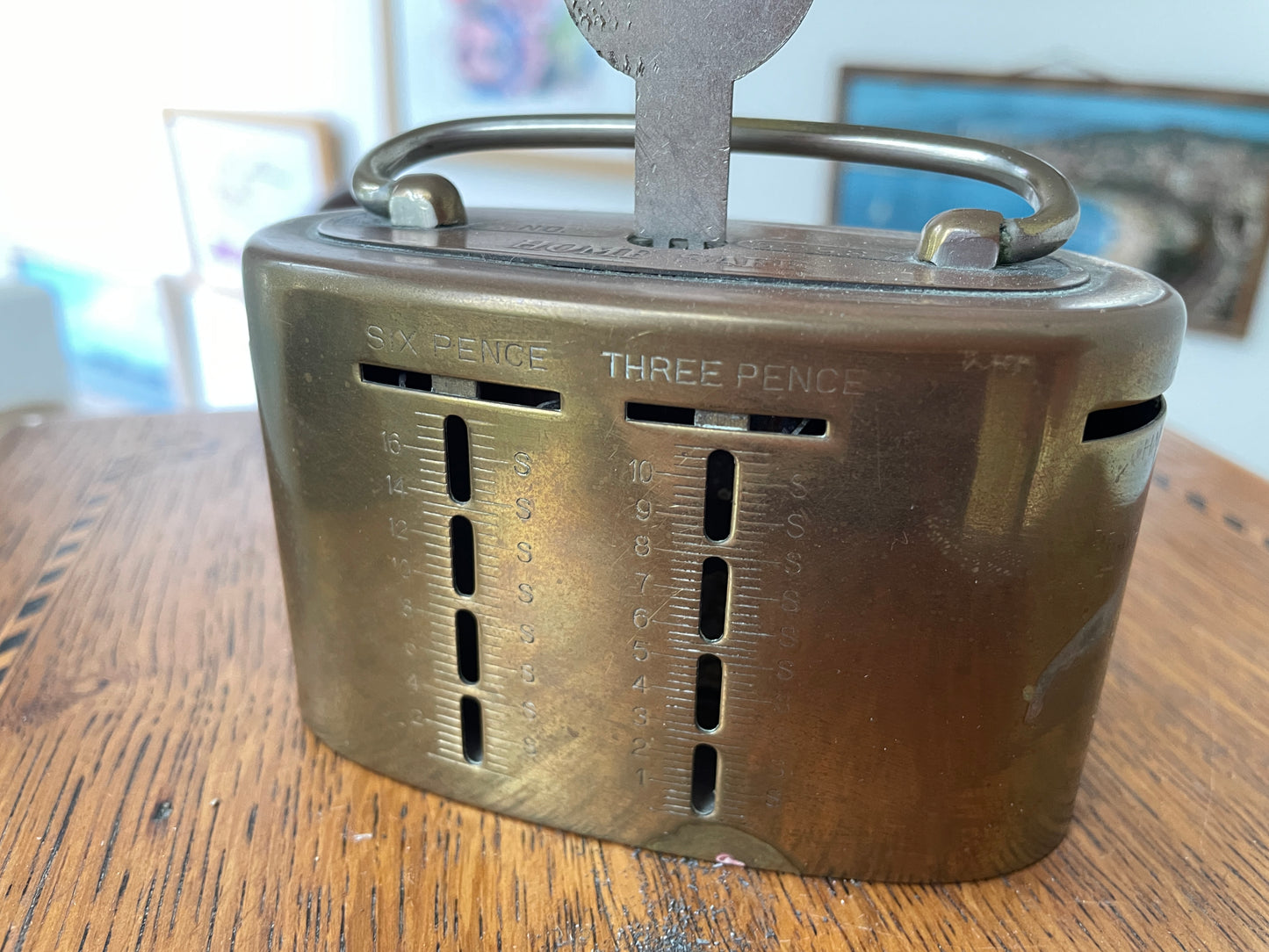 Antique 1921 Brass “Home Safe” Money Box – British Locking Coin Bank with Key, Vintage Pre-Decimal Savings Tin, Patent No. 188,828