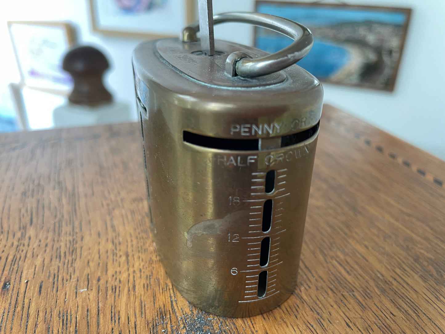 Antique 1921 Brass “Home Safe” Money Box – British Locking Coin Bank with Key, Vintage Pre-Decimal Savings Tin, Patent No. 188,828