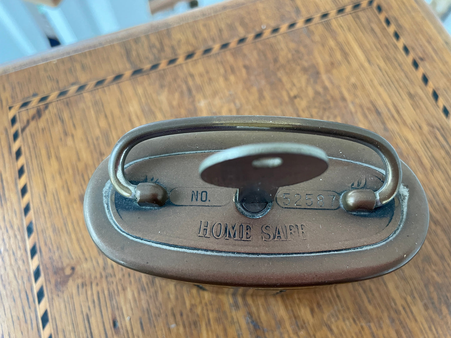 1921 Patented Brass Home Safe Coin Bank – Vintage Pre-Decimal UK Money Box with Key