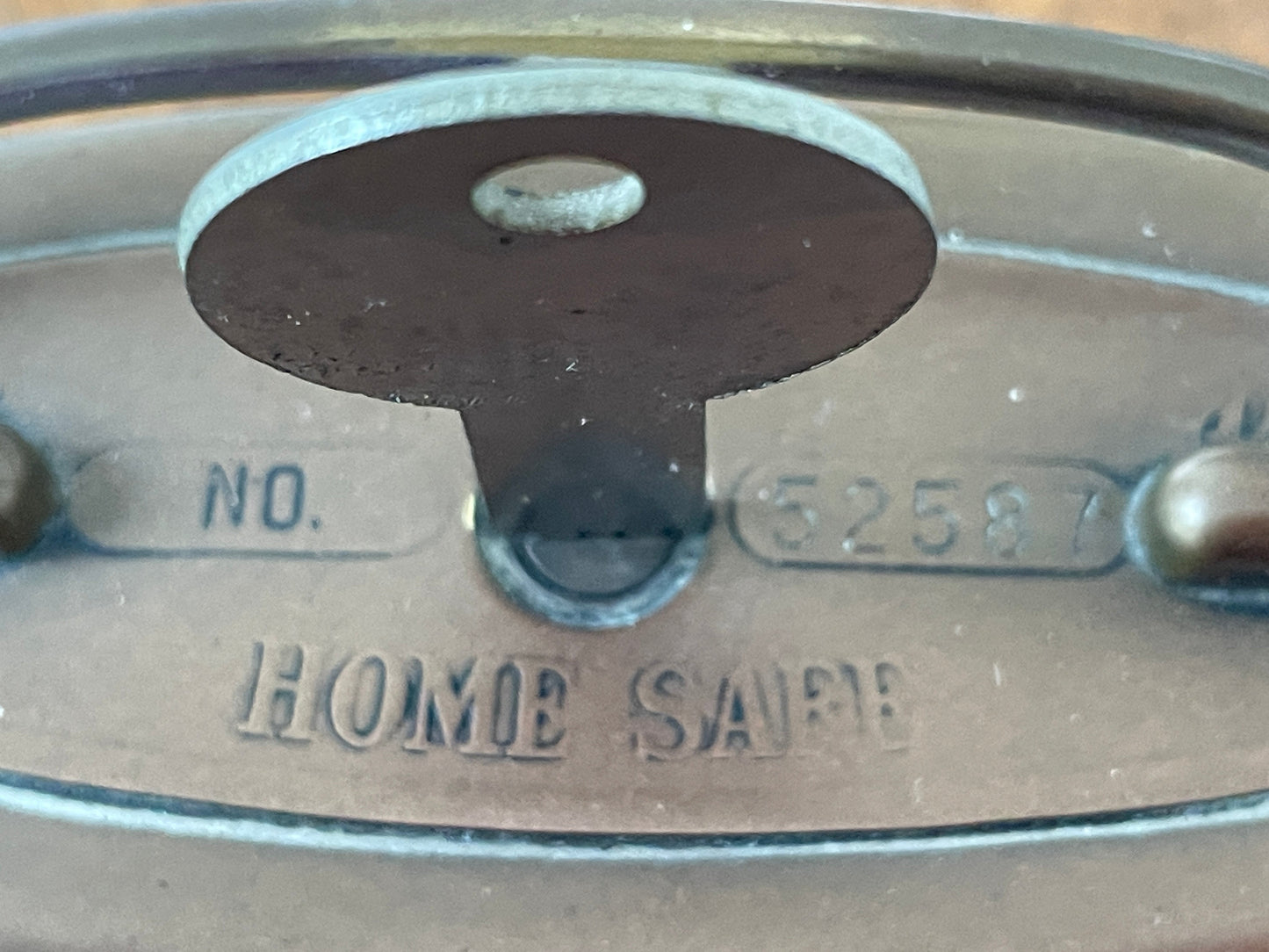 Antique 1921 Brass “Home Safe” Money Box – British Locking Coin Bank with Key, Vintage Pre-Decimal Savings Tin, Patent No. 188,828