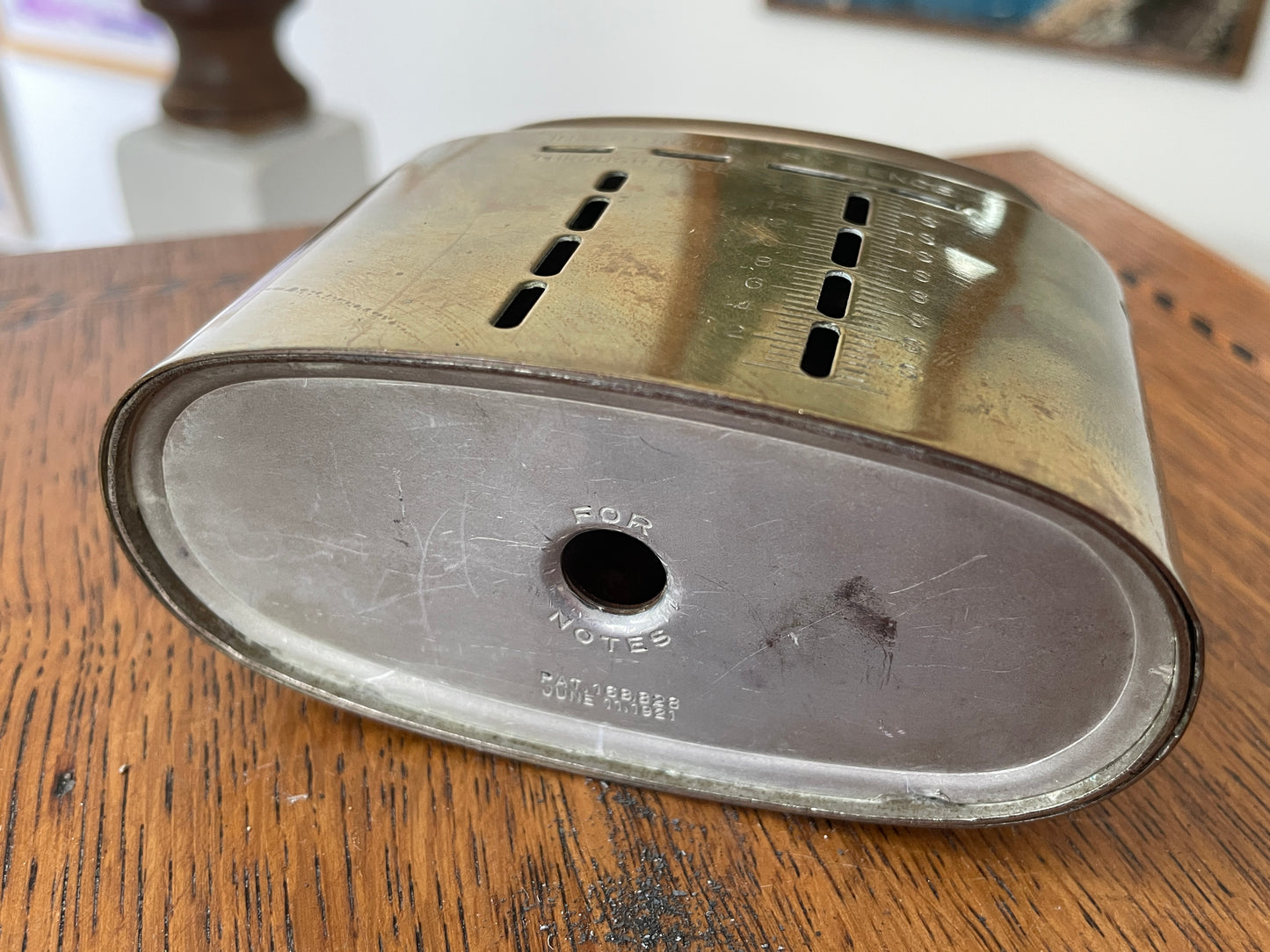 Antique 1921 Brass “Home Safe” Money Box – British Locking Coin Bank with Key, Vintage Pre-Decimal Savings Tin, Patent No. 188,828