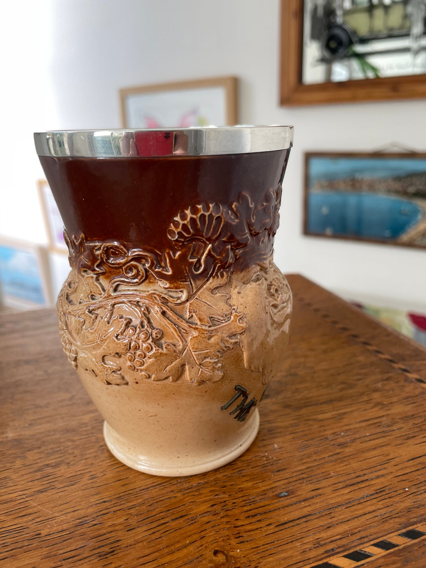 Vintage Doulton Lambeth Bacchus Beaker – 1932 London Sterling Silver Rim & Stoneware “The Best” Tavern Mug