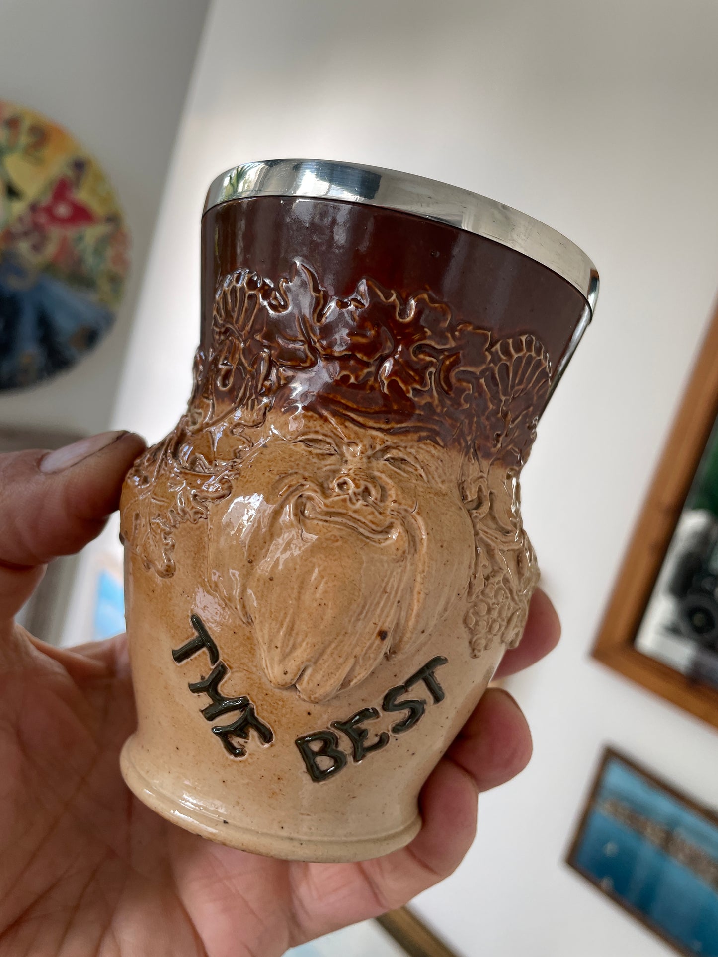 Vintage Doulton Lambeth Bacchus Beaker – 1932 London Sterling Silver Rim & Stoneware “The Best” Tavern Mug