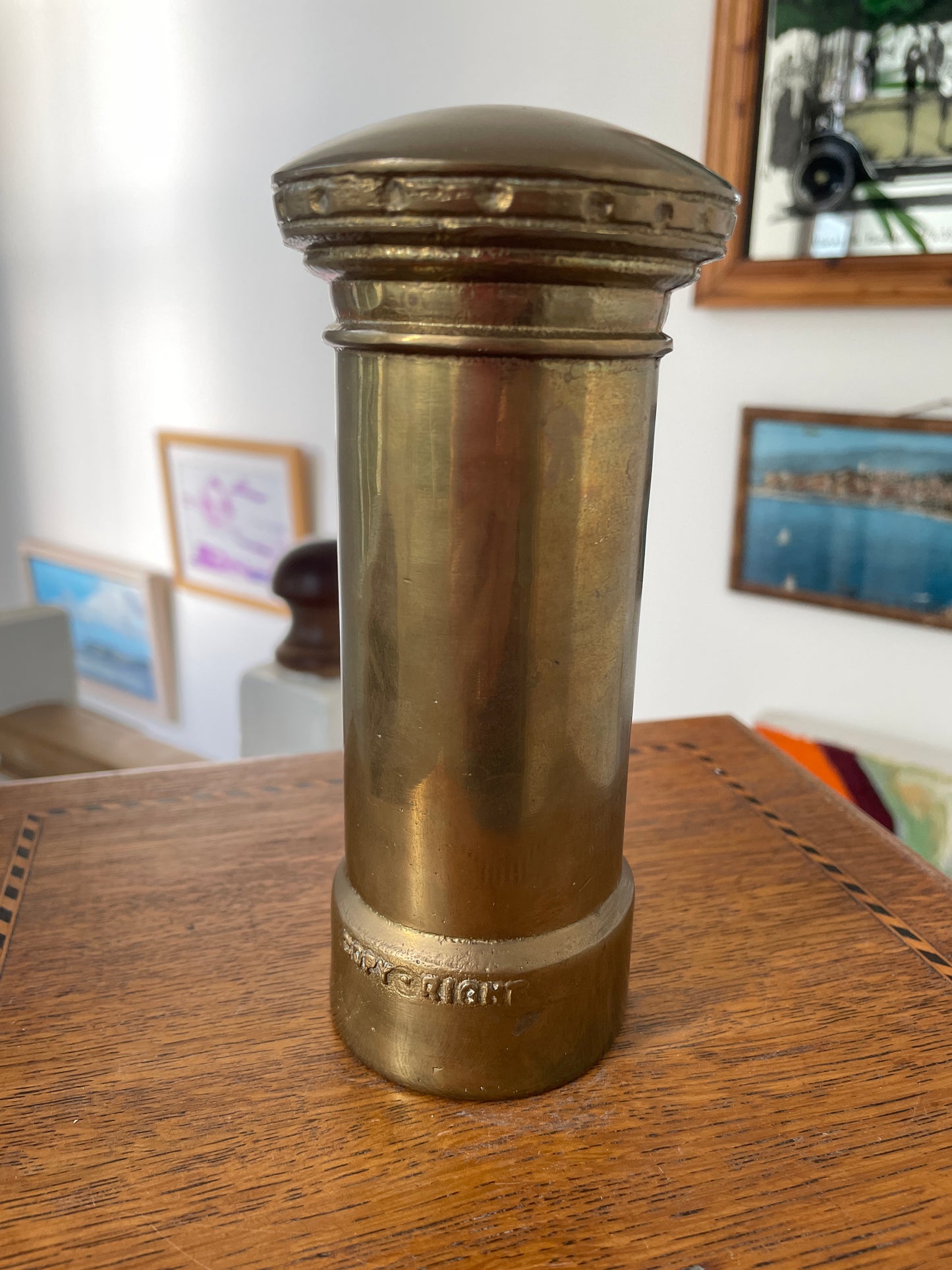 Vintage Brass Post Box Money Bank – Queen Elizabeth II ER Pillar Box, Made in England, 1950s–1970s