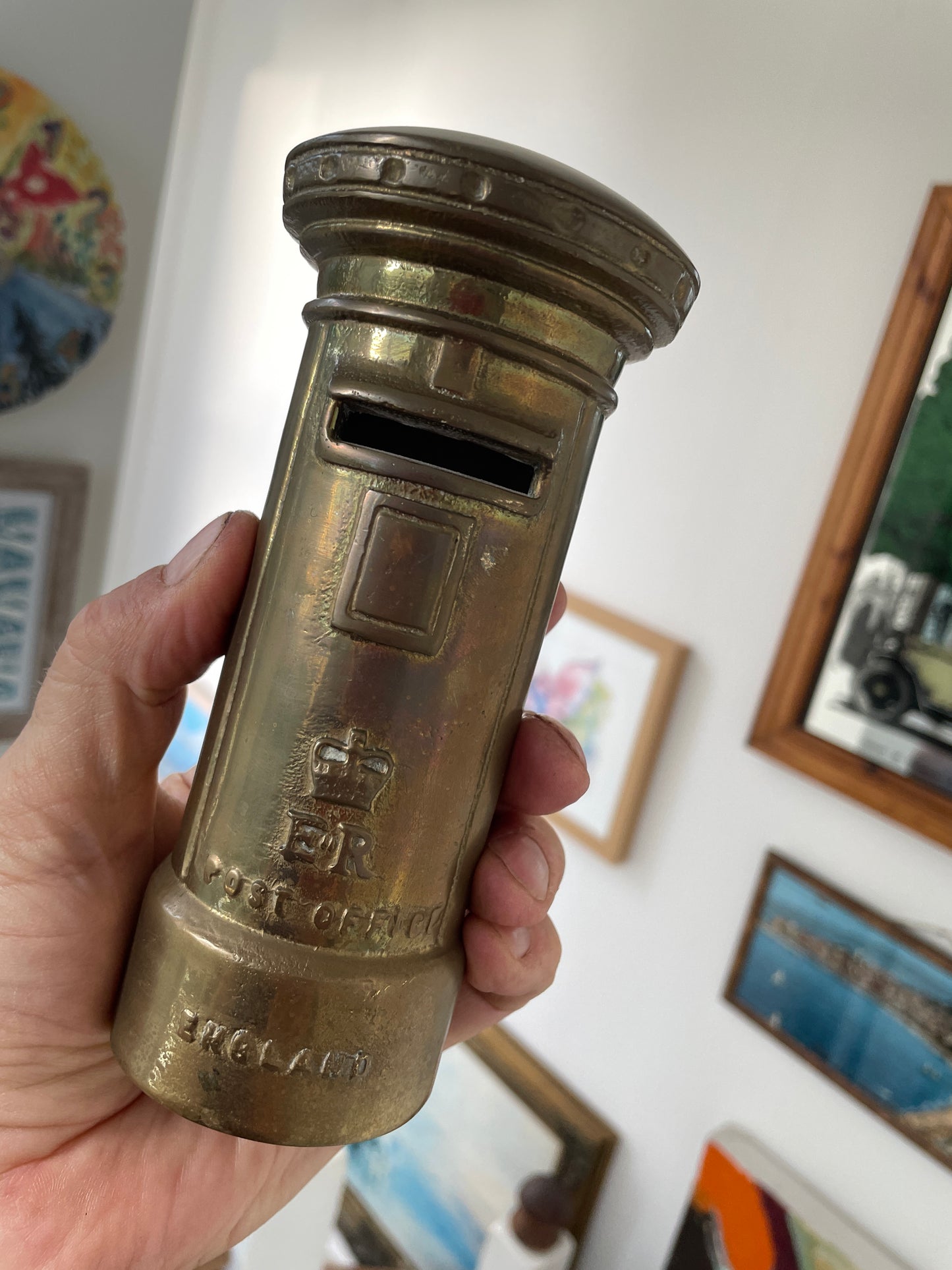 Vintage Brass Post Box Money Bank – Queen Elizabeth II ER Pillar Box, Made in England, 1950s–1970s