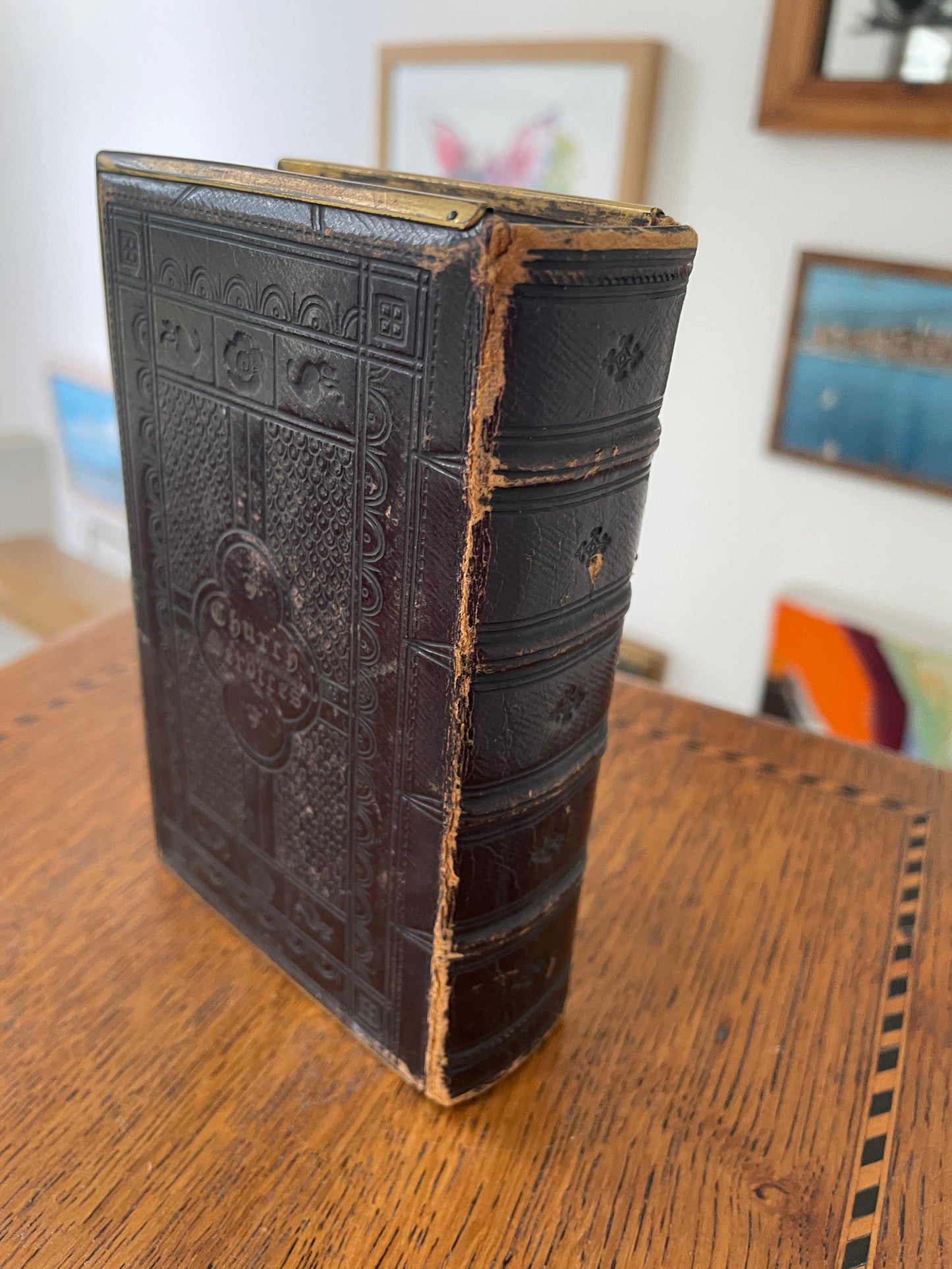Antique Victorian Church Services Prayer Book c1880 – Leather Bound with Brass Clasps, Gilt Edges & Marbled Endpapers