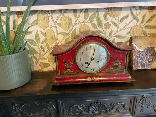 Antique Red Chinoiserie Mantel Clock, French Brass Movement c1900, Hand Painted Lacquer Case, Japy Freres Style, Decorative Vintage Clock