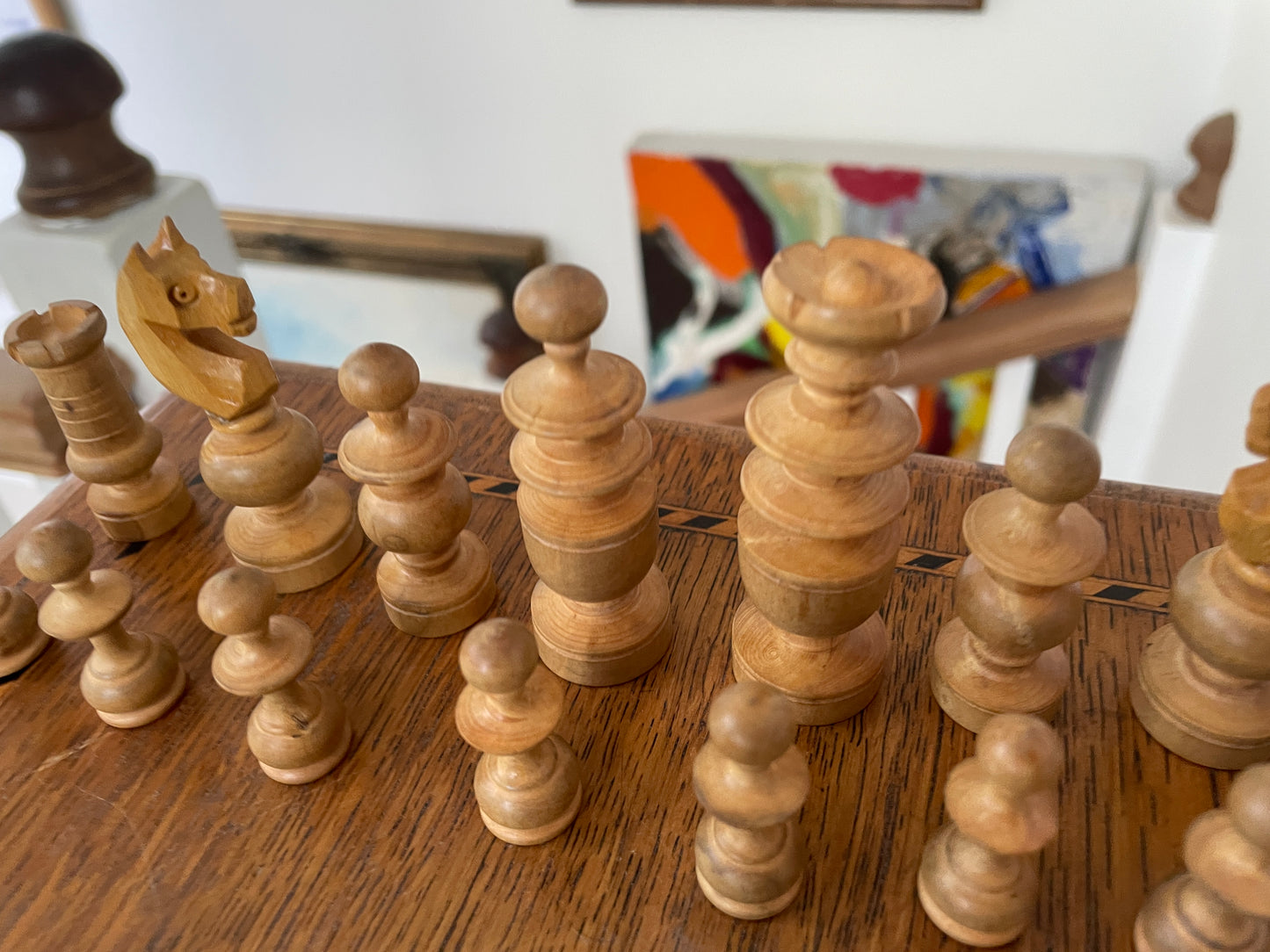 Antique Wooden Chess Set c1900–1930 – Hand-Turned Boxwood & Ebonised Pieces in Original Slide Box, 7cm King, Edwardian Chessmen