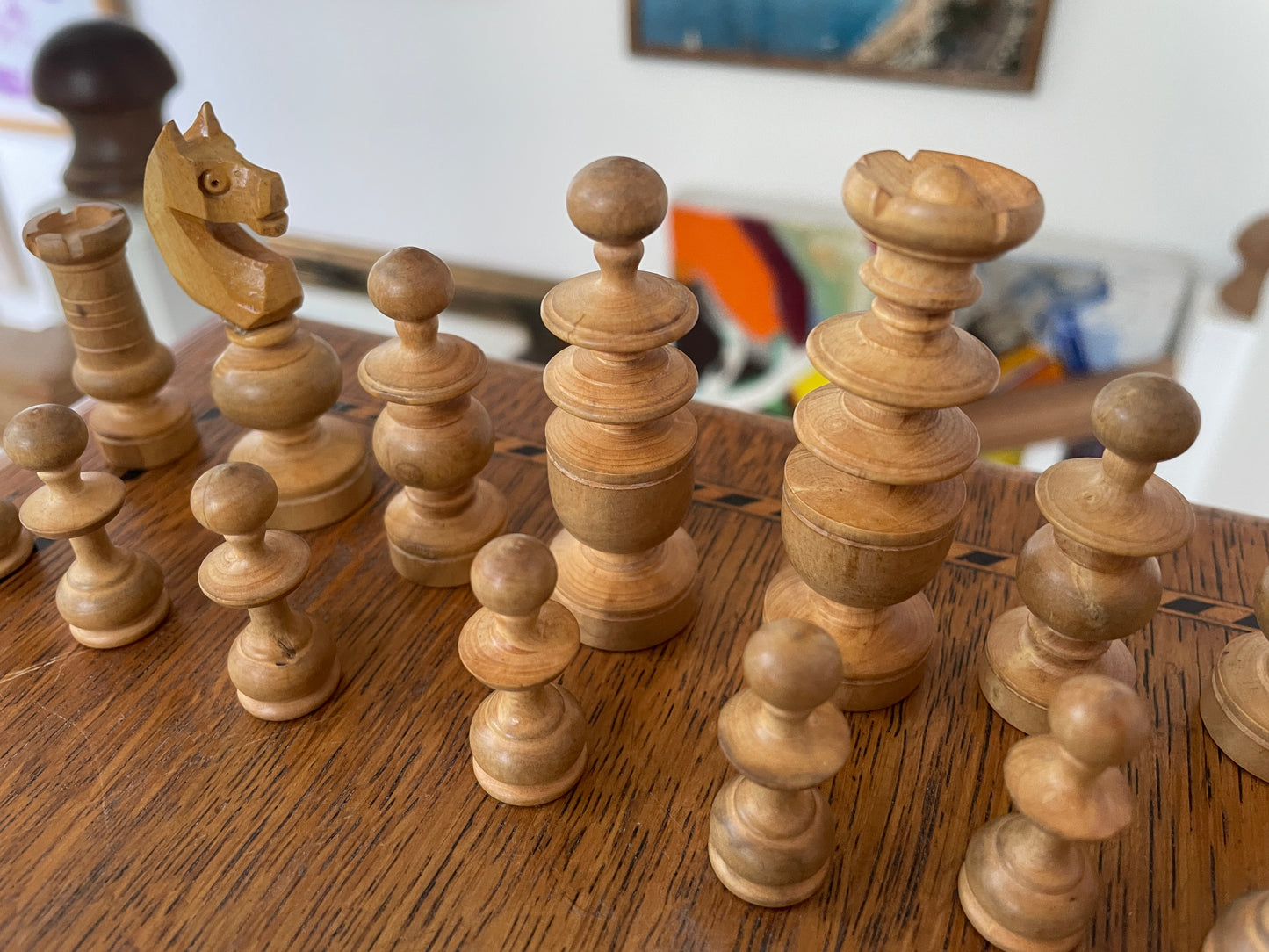 Antique Wooden Chess Set c1900–1930 – Hand-Turned Boxwood & Ebonised Pieces in Original Slide Box, 7cm King, Edwardian Chessmen