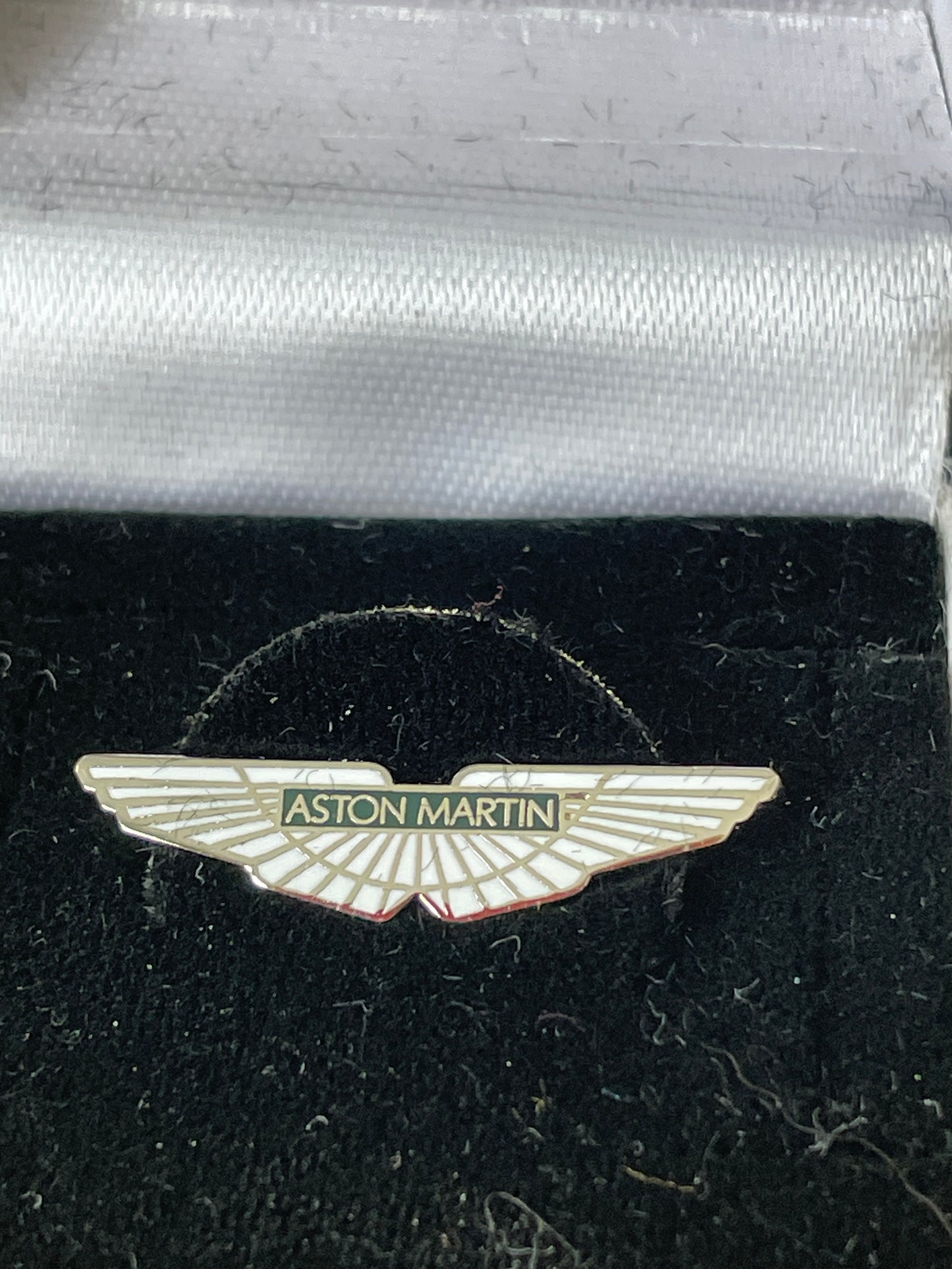Boxed Aston Martin Winged Logo Lapel Pin Badge by Herbert Brown – Vintage Silver Enamel Car Emblem – British Motoring Collectible Gift