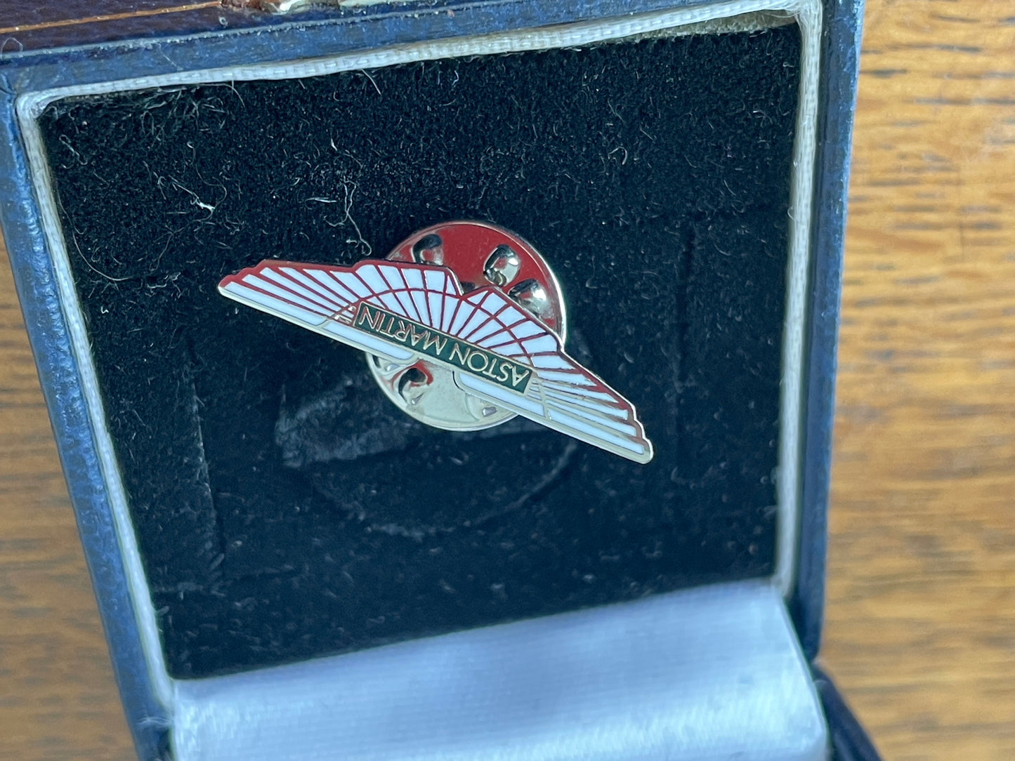 Boxed Aston Martin Winged Logo Lapel Pin Badge by Herbert Brown – Vintage Silver Enamel Car Emblem – British Motoring Collectible Gift