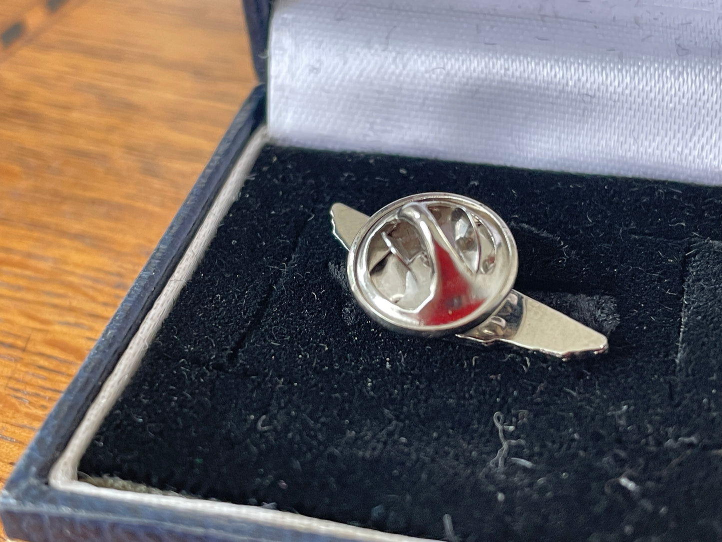 Boxed Aston Martin Winged Logo Lapel Pin Badge by Herbert Brown – Vintage Silver Enamel Car Emblem – British Motoring Collectible Gift