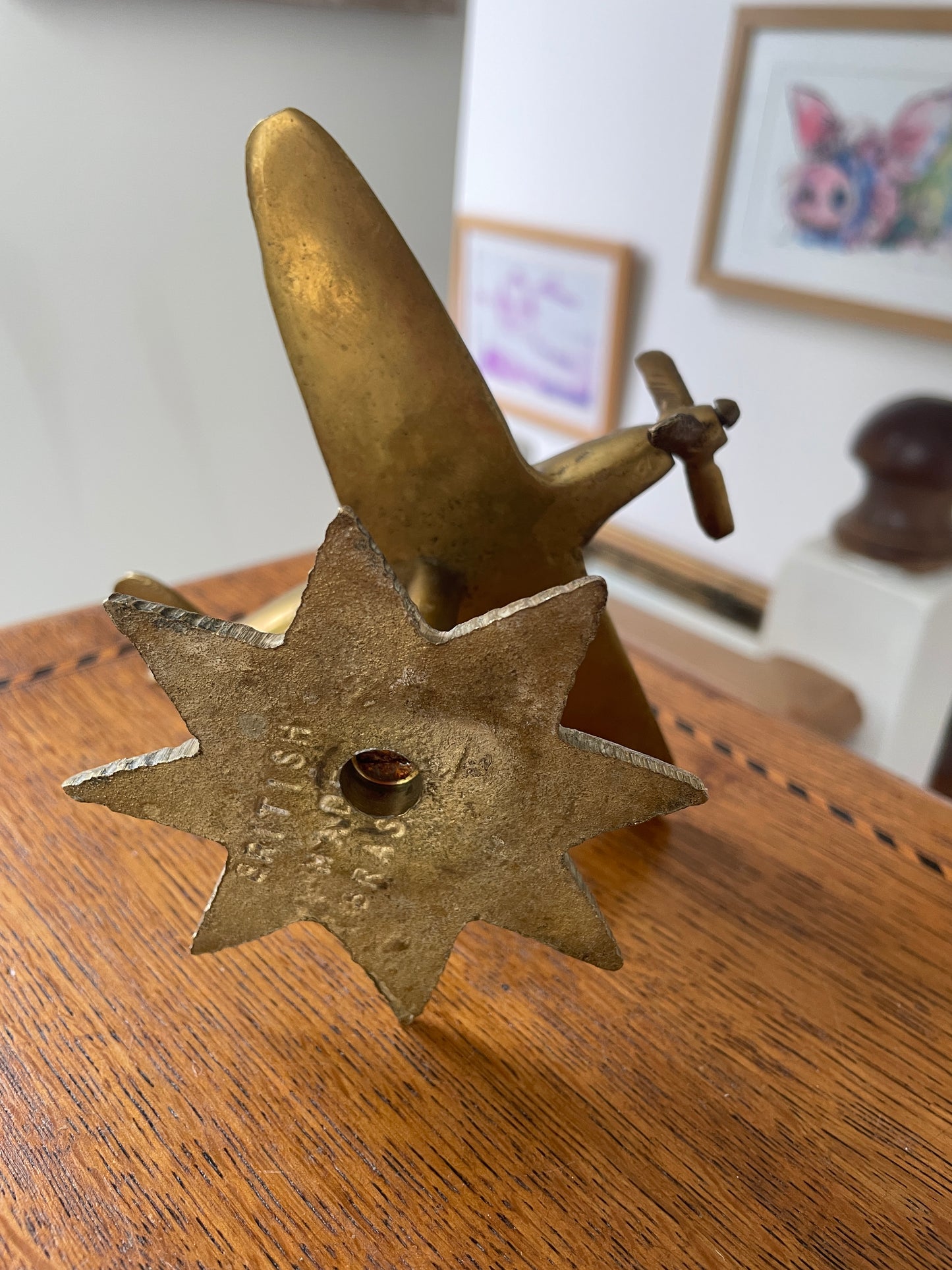 Antique British Brass Spitfire Model – Cast Desk Ornament on Starburst Base (c.1940s