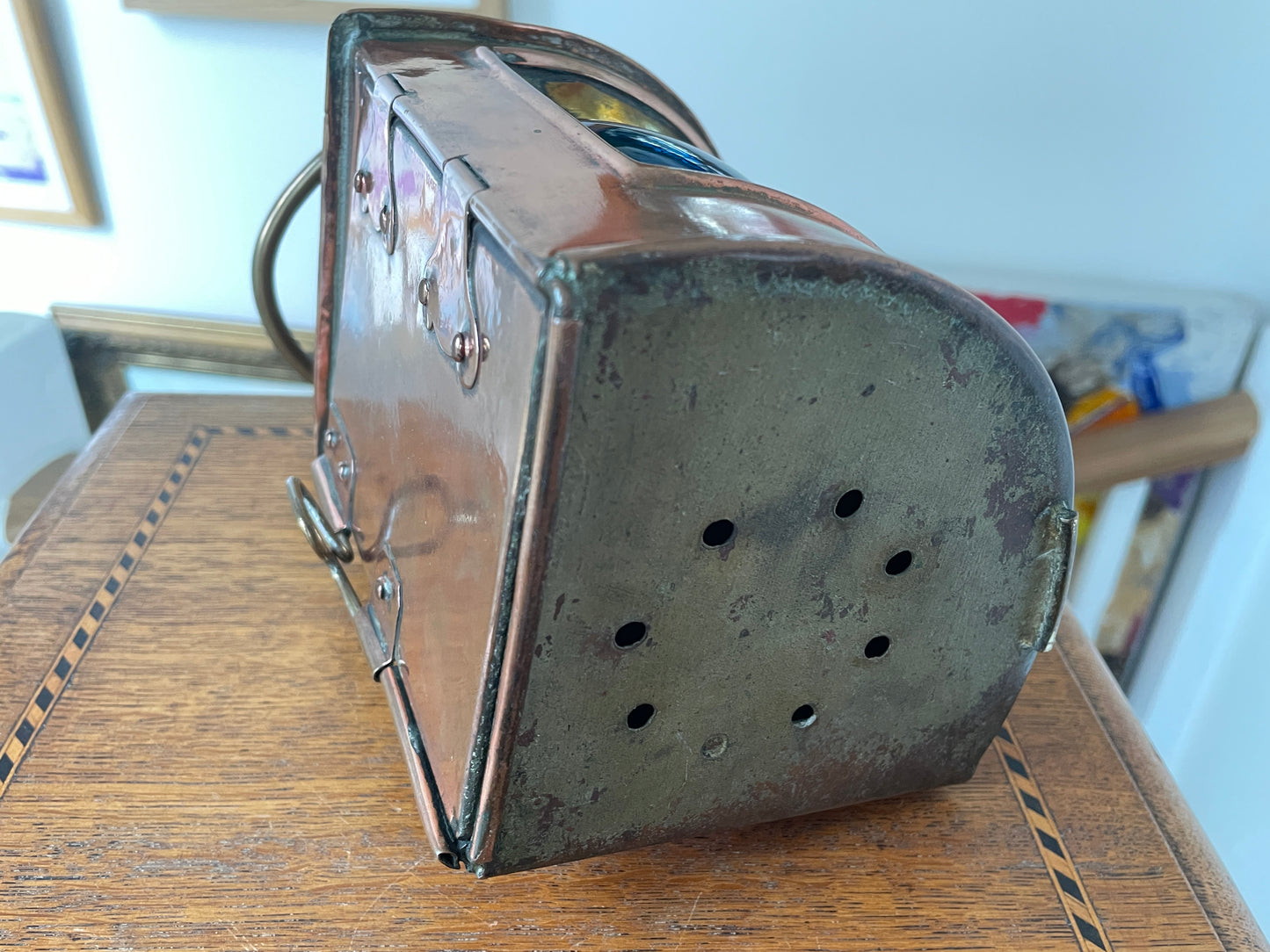 Antique British Copper Ship’s Lantern – “TARBOAR” Navigation Light with Blue Fresnel Lens (c.1900–1920)