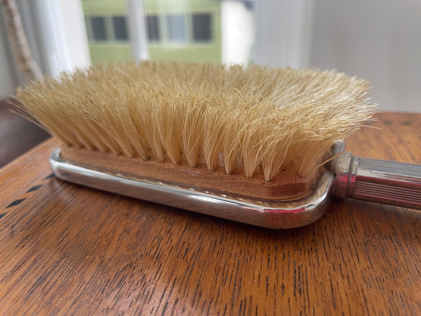 Vintage Green Guilloché-Style Enamel Vanity Brush – Chrome-Plated Dressing Table Brush (c.1950s)