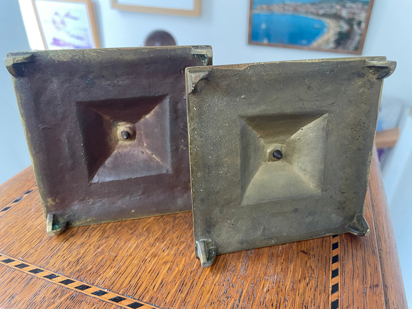 Antique Brass Candlesticks – Pair of Masked Foliate Relief Candle Holders (c.1890–1910)