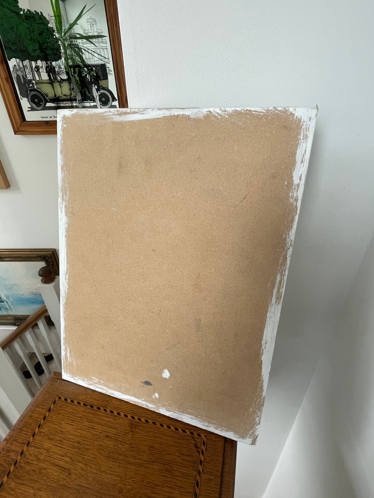 Abstract Modernist Hardboard Painting – Geometric Composition with Textured White Panel (c.20th Century)