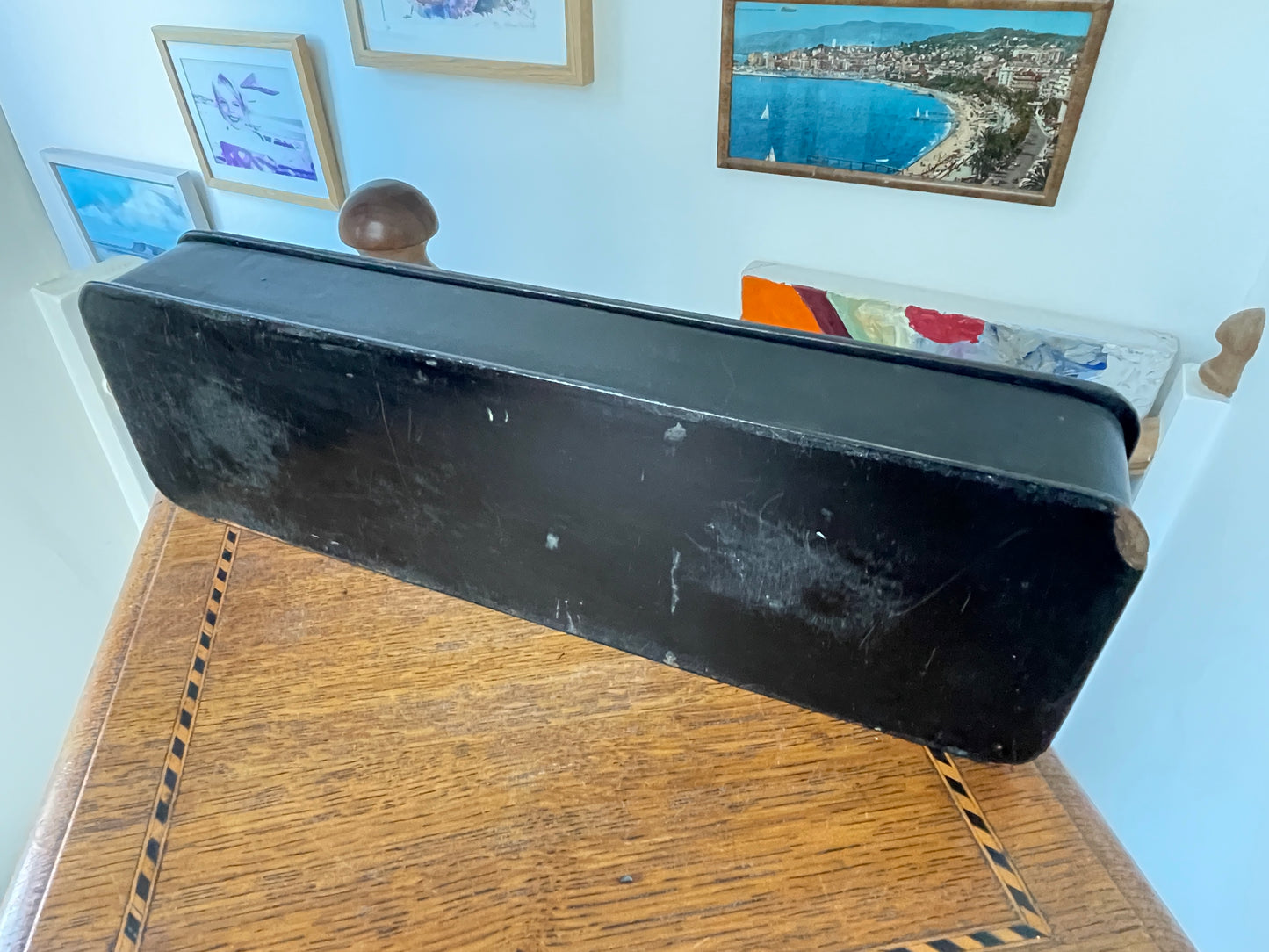 Antique Russian-Style Black Lacquer Box – Hand-Painted Daisies & Butterfly (c.20th Century)