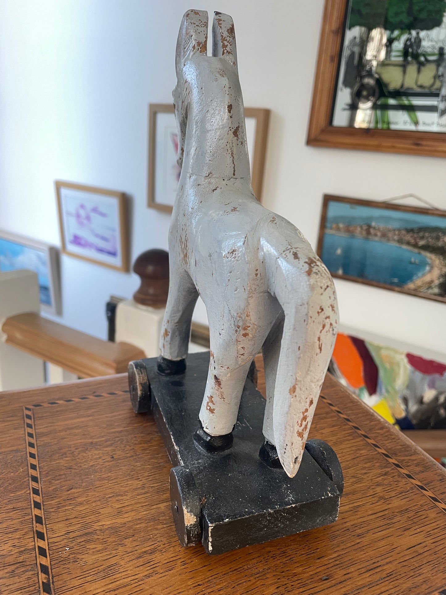 Antique Folk Art Wooden Pull Toy Horse – Hand-Carved Painted Figure on Wheels