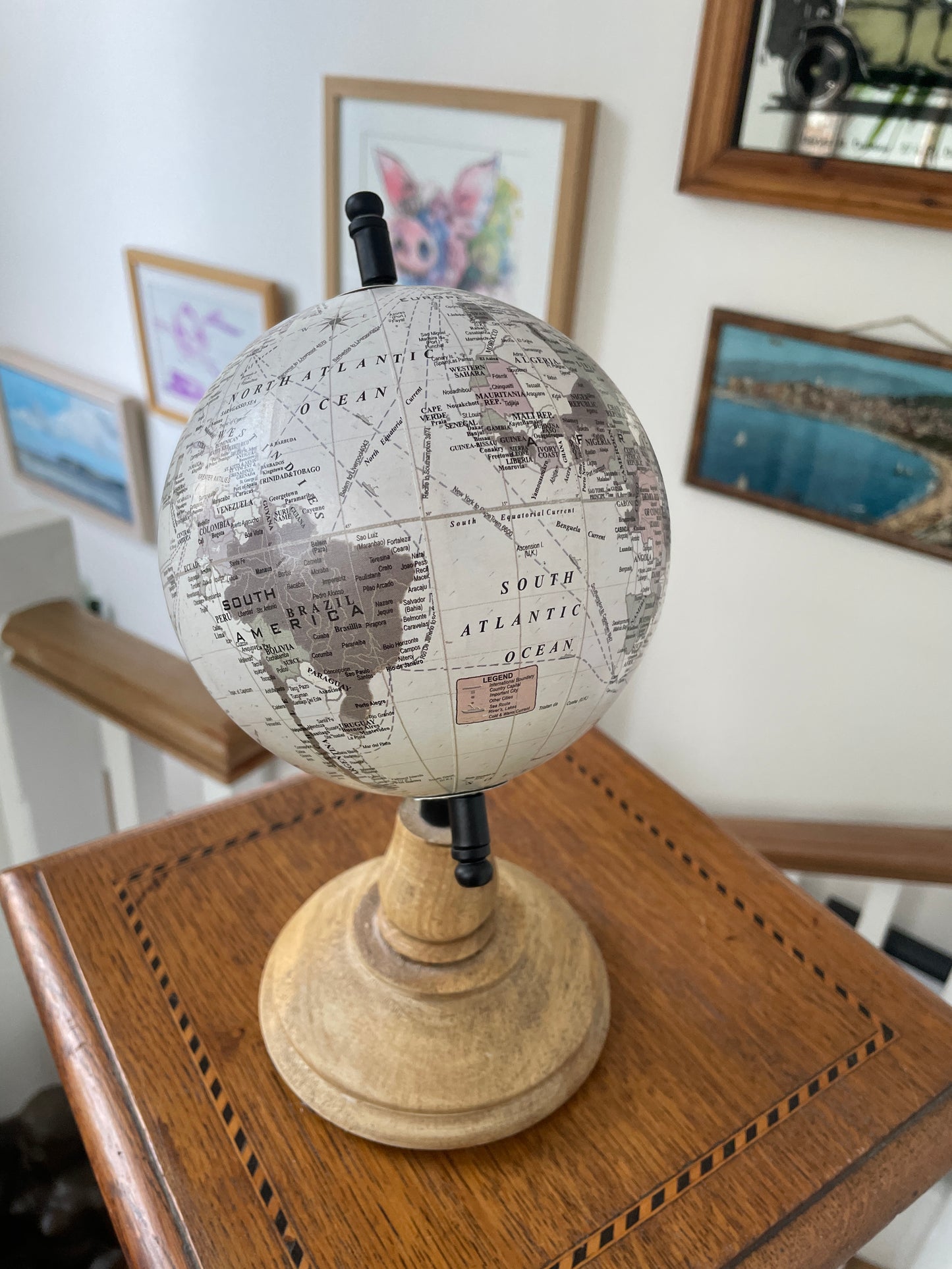 Vintage Desk Globe with Turned Wooden Base Black Meridian Arm World Map 25cm Tall