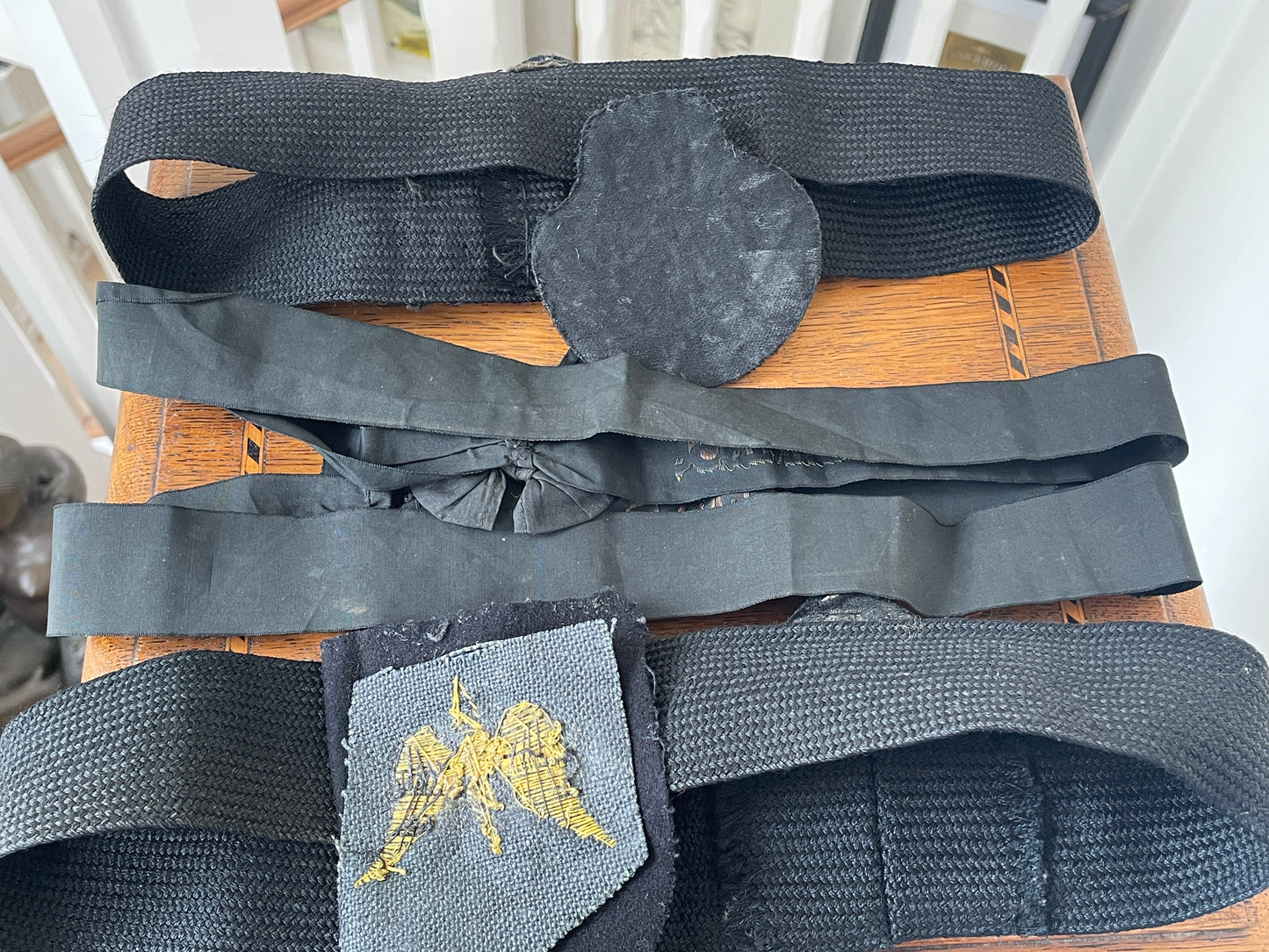 Two Royal Navy Officer Bullion Embroidered Cap Badges with HMS Tally Ribbons and Naval Aviation Wing (c.1955–1970)