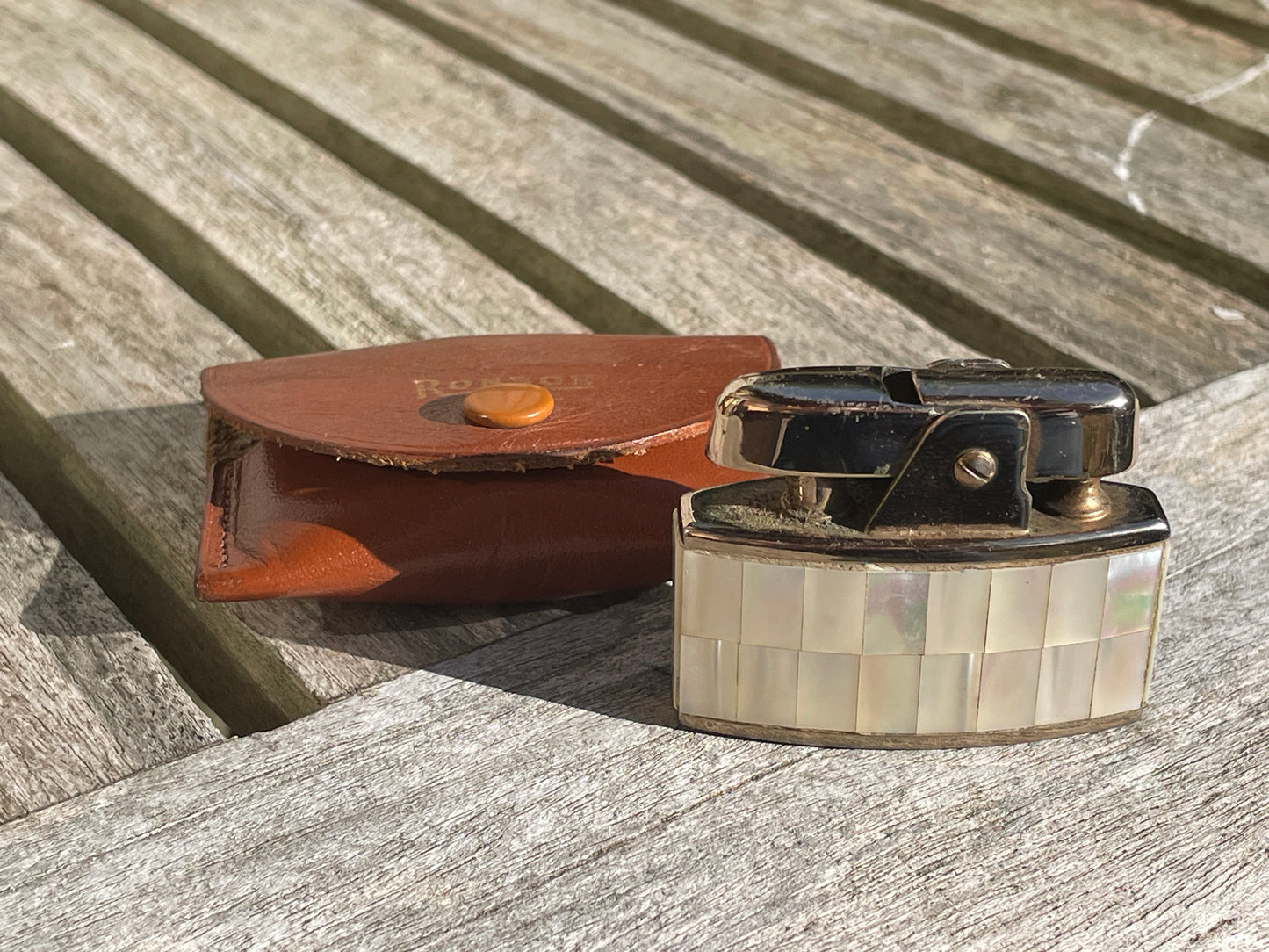 Vintage Ronson mother of pearl petrol lighter with original case