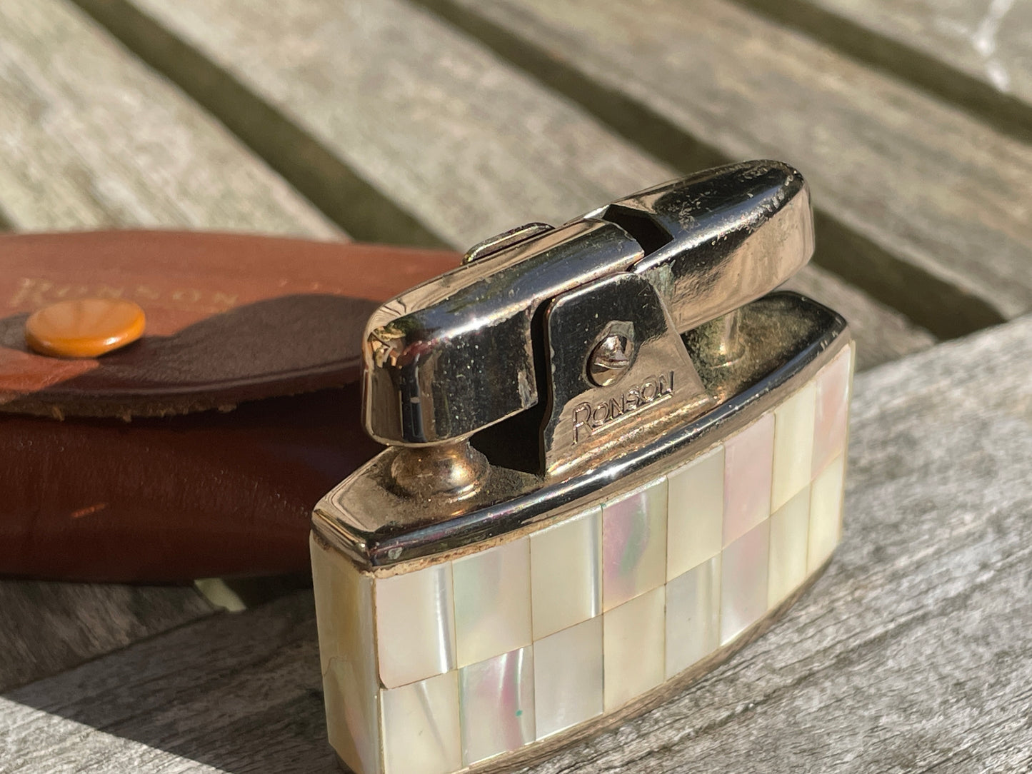 Vintage Ronson mother of pearl petrol lighter with original case