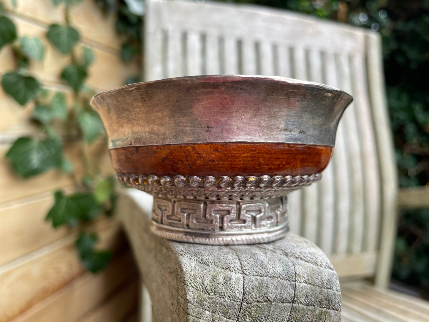 Antique silver and wooden Mongolian cast and hand decorated bowl