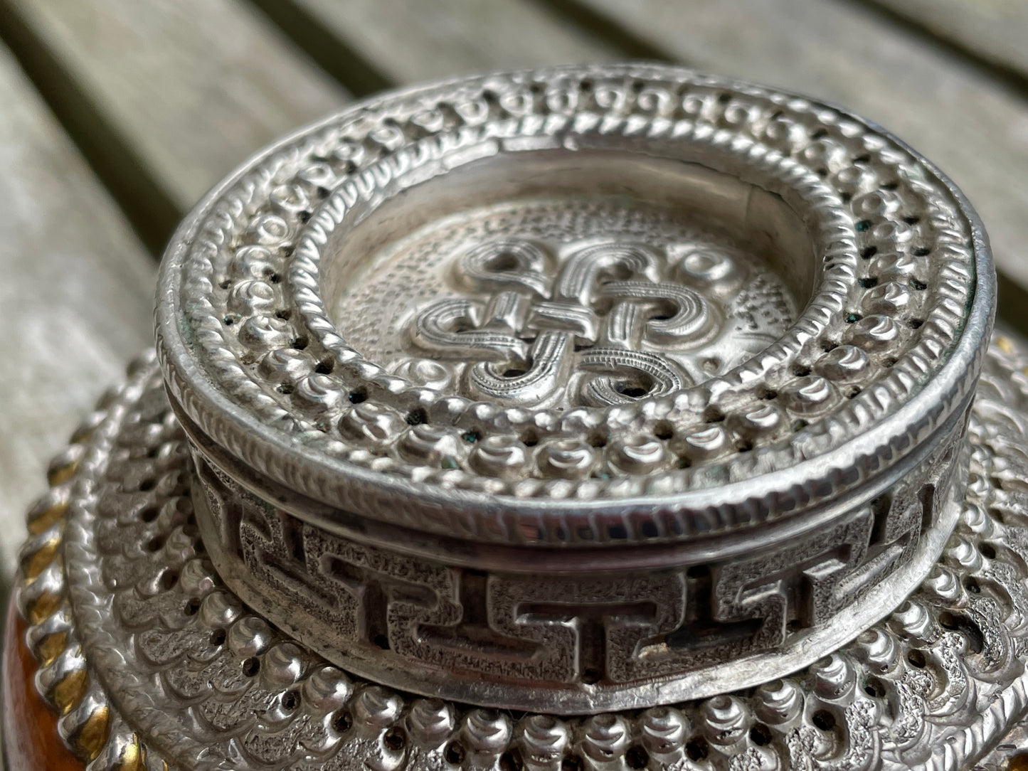 Antique silver and wooden Mongolian cast and hand decorated bowl
