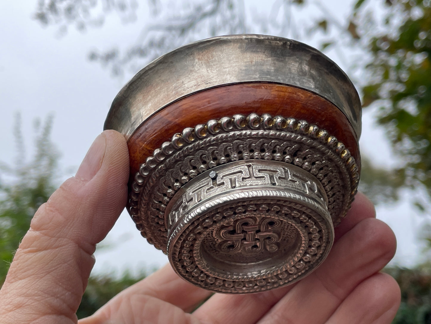 Antique silver and wooden Mongolian cast and hand decorated bowl